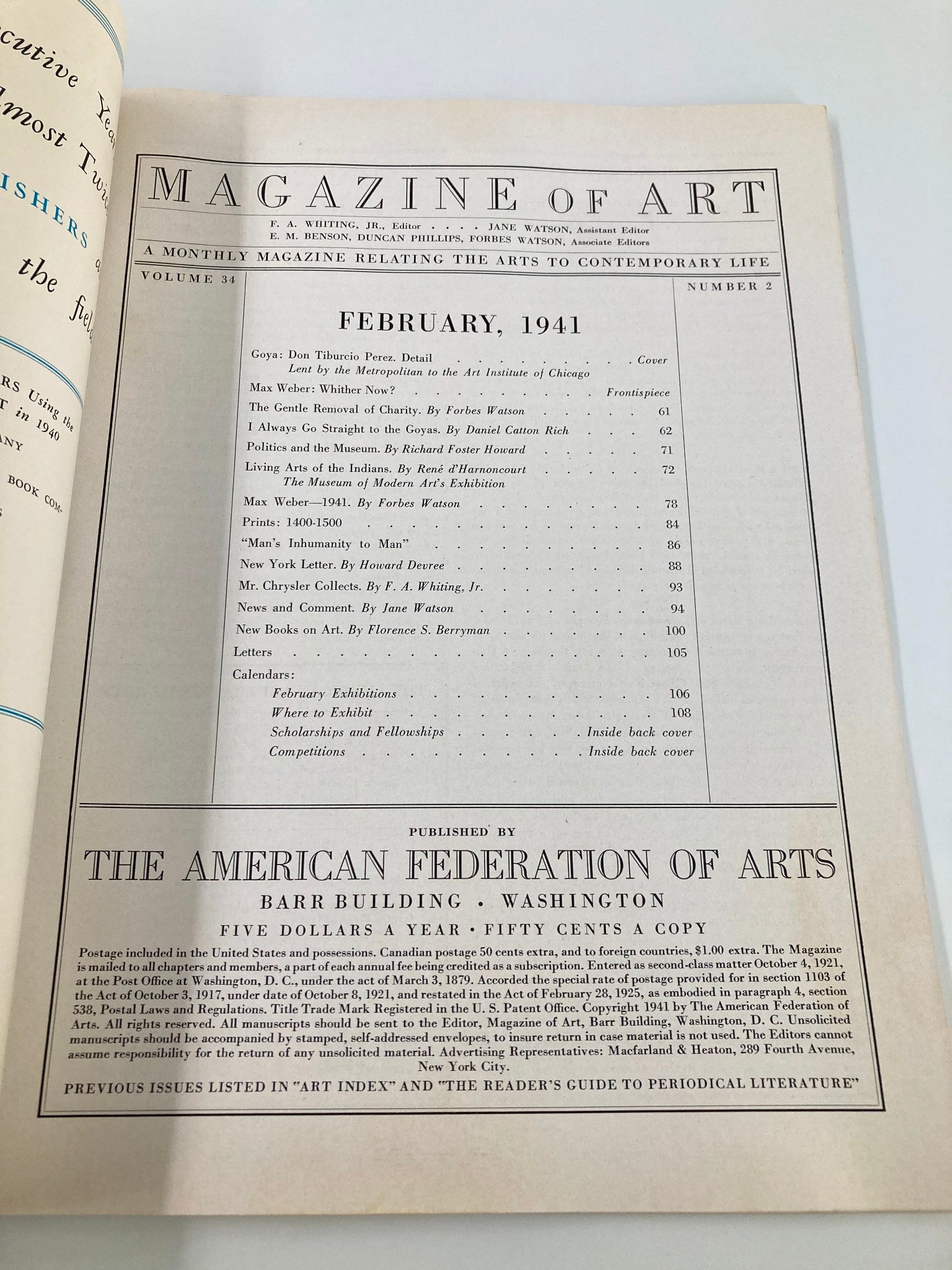 VTG Magazine of Art February 1941 Goya Don Tiburcio Perez No Label