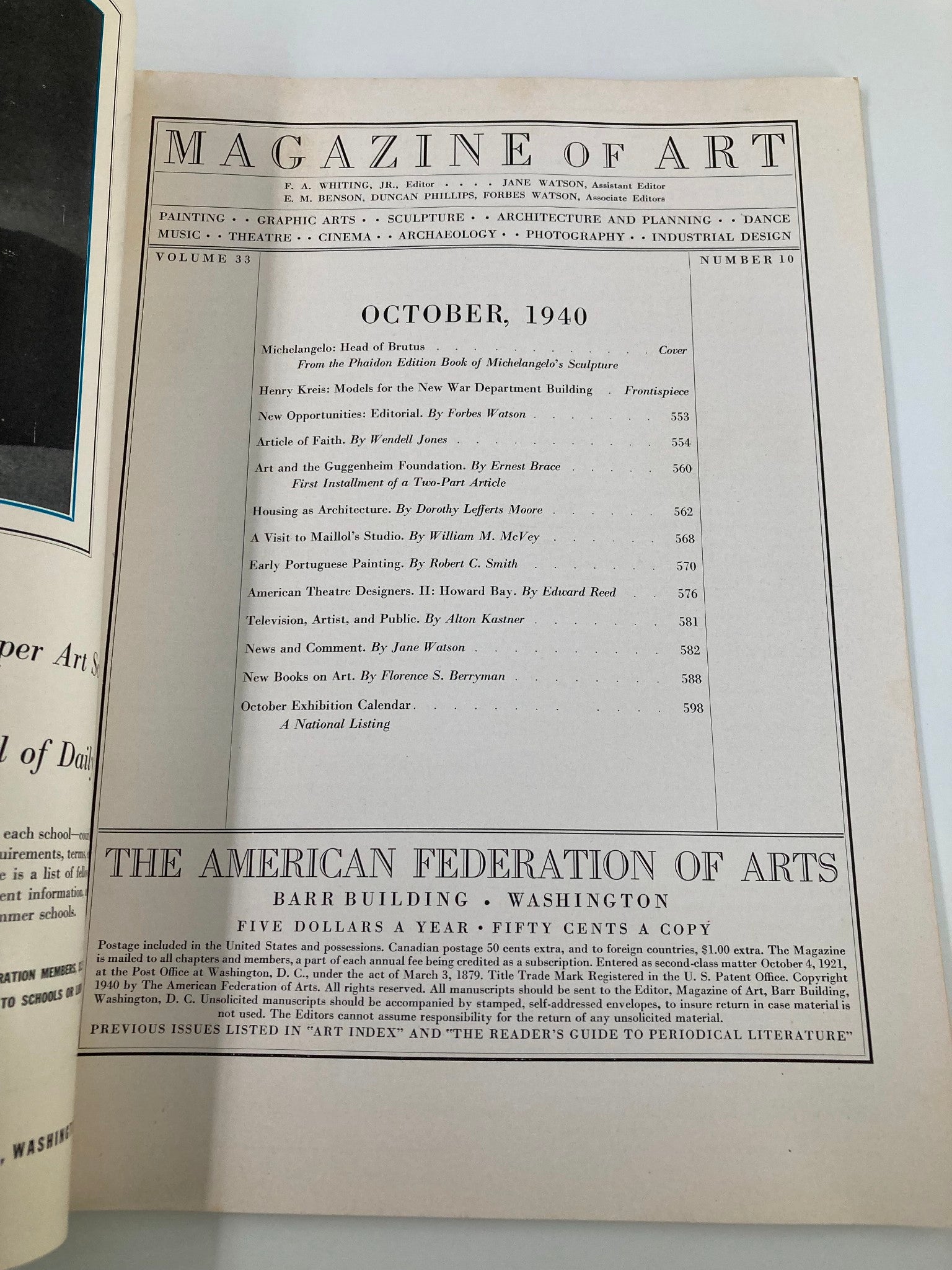 VTG Magazine of Art October 1940 Michelangelo Head of Brutus No Label