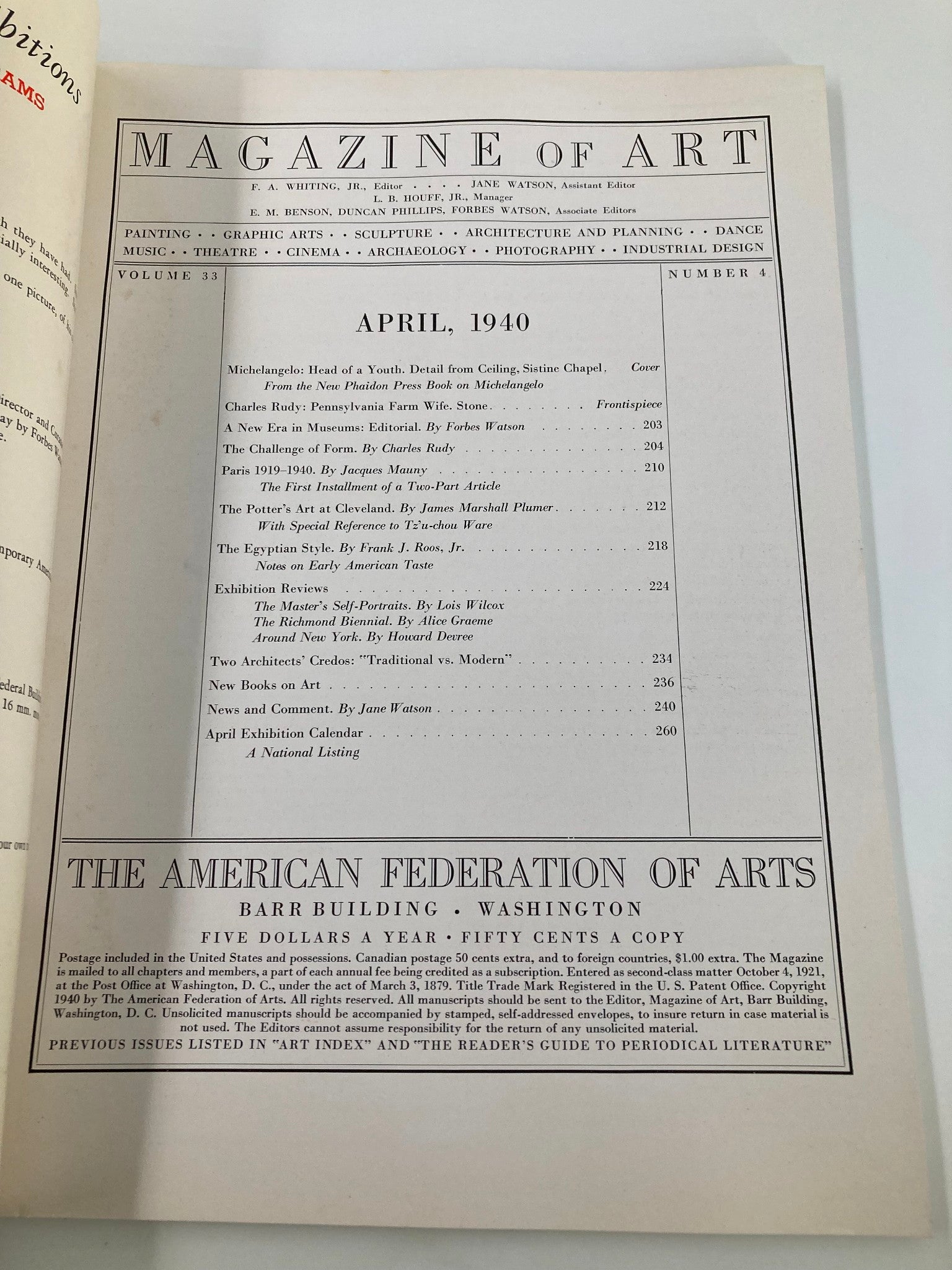 VTG Magazine of Art April 1940 Michelangelo Head of a Youth No Label