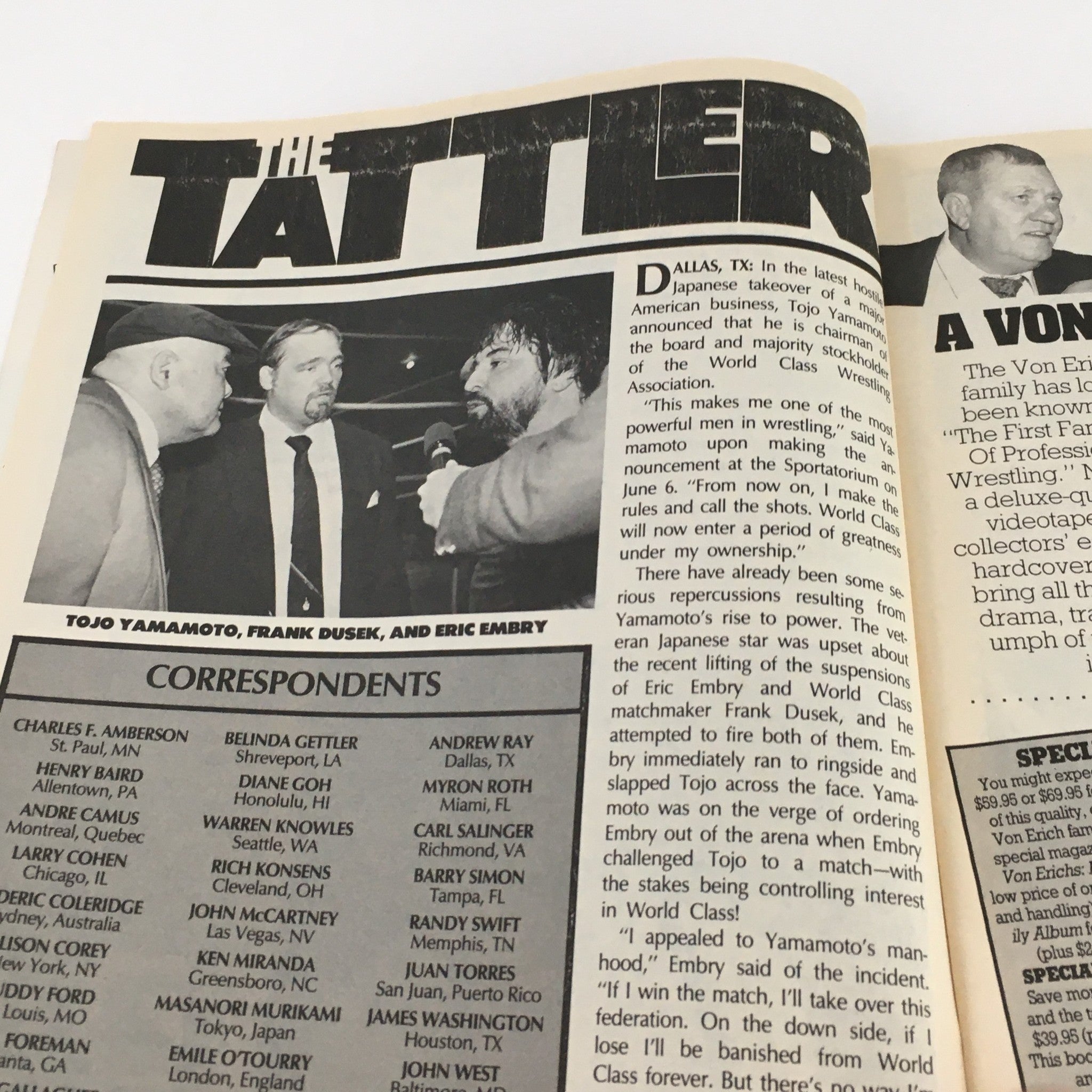 Feature section titled 'The Tattler' from Sports Review Wrestling Magazine September 1989, highlighting wrestling news and interviews.