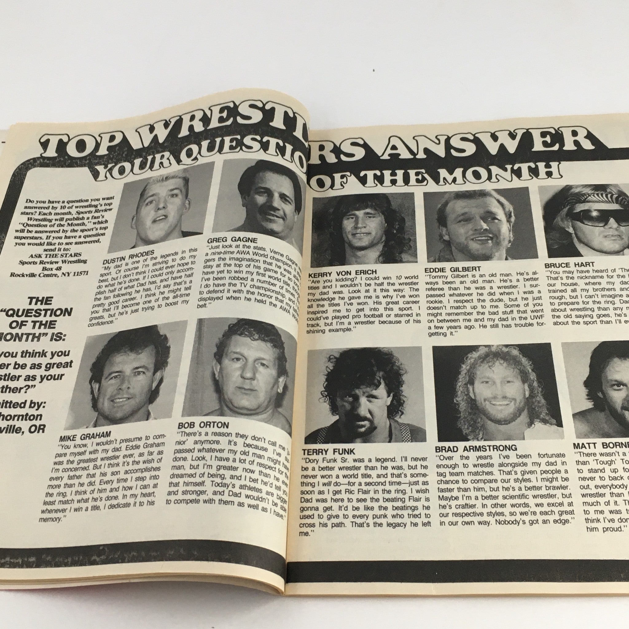 Page of top wrestlers answering questions in Sports Review Wrestling Magazine September 1989, showcasing notable wrestling figures and their insights.