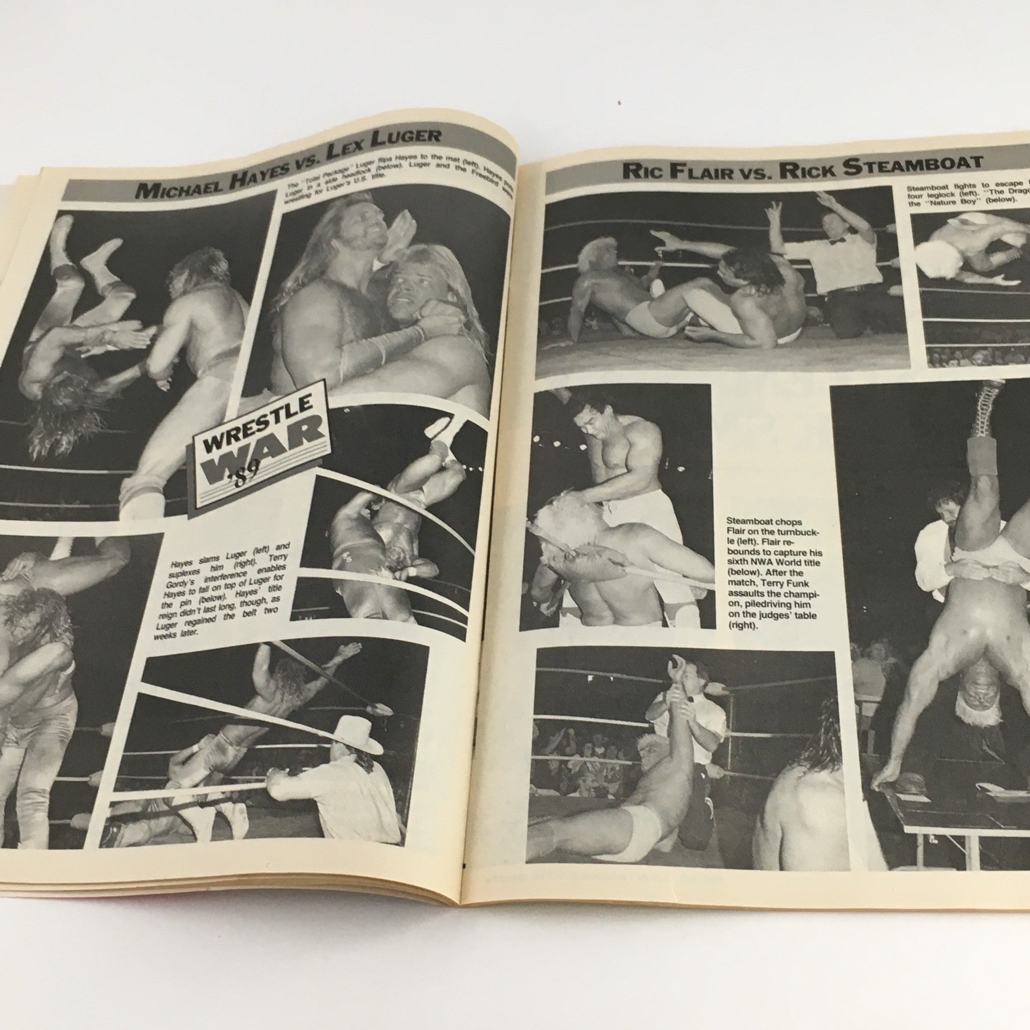 Action-packed wrestling photos from Sports Review Wrestling Magazine September 1989, depicting matches between Michael Hayes vs. Lex Luger and Ric Flair vs. Rick Steamboat.