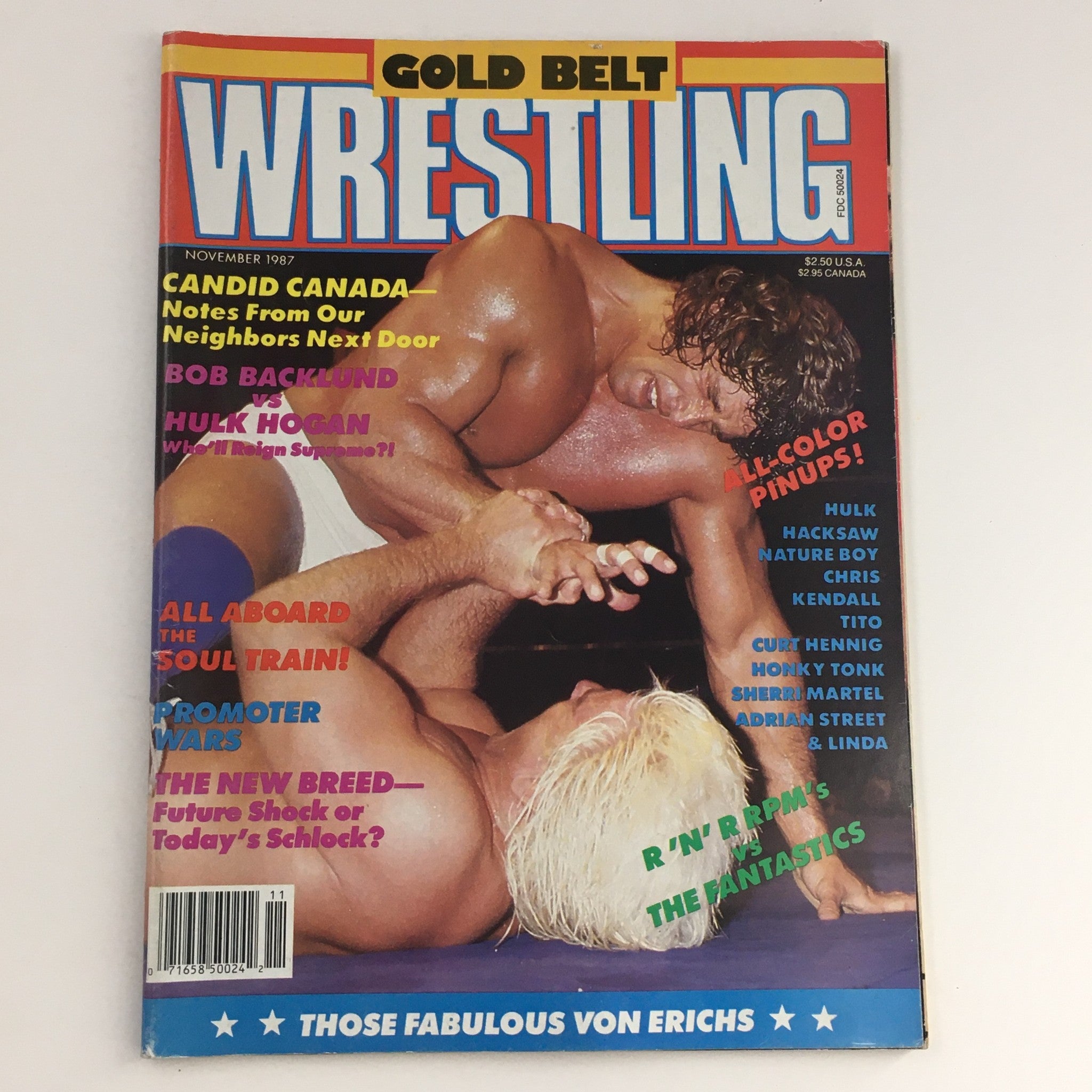 Cover of Gold Belt Wrestling Magazine November 1987 featuring Hulk Hogan and Jim Duggan, showcasing wrestling articles and colorful pin-ups.
