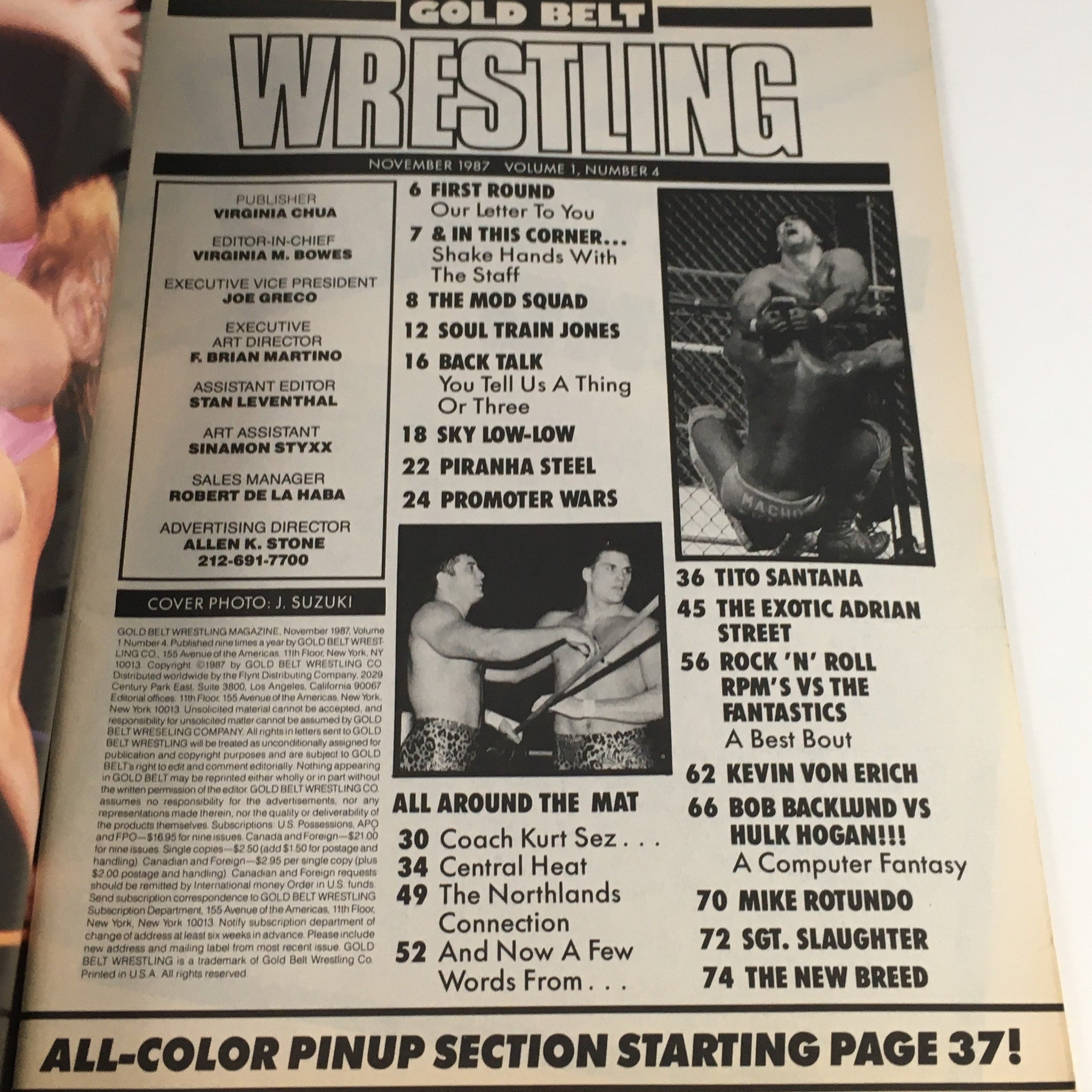 Inside page of Gold Belt Wrestling Magazine November 1987 listing articles and features, highlighting key wrestling events and figures.