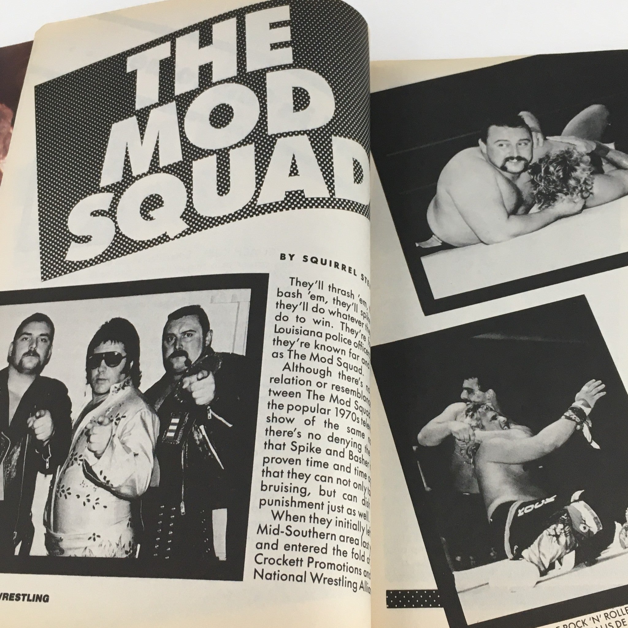 Article spread in Gold Belt Wrestling Magazine November 1987 about The Mod Squad, featuring black and white images of wrestlers.