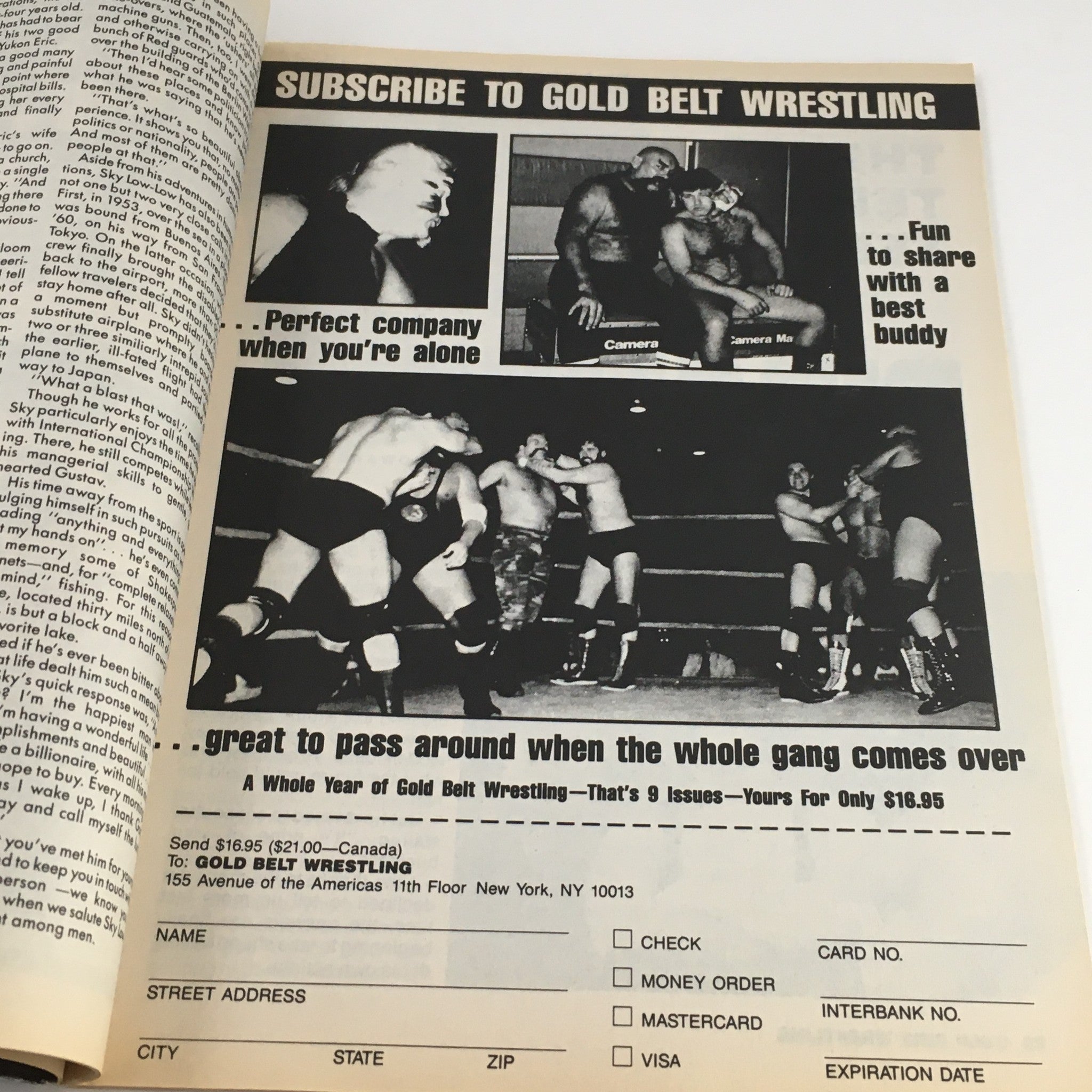 Subscription advertisement page from Gold Belt Wrestling Magazine November 1987 promoting a year's worth of wrestling content.