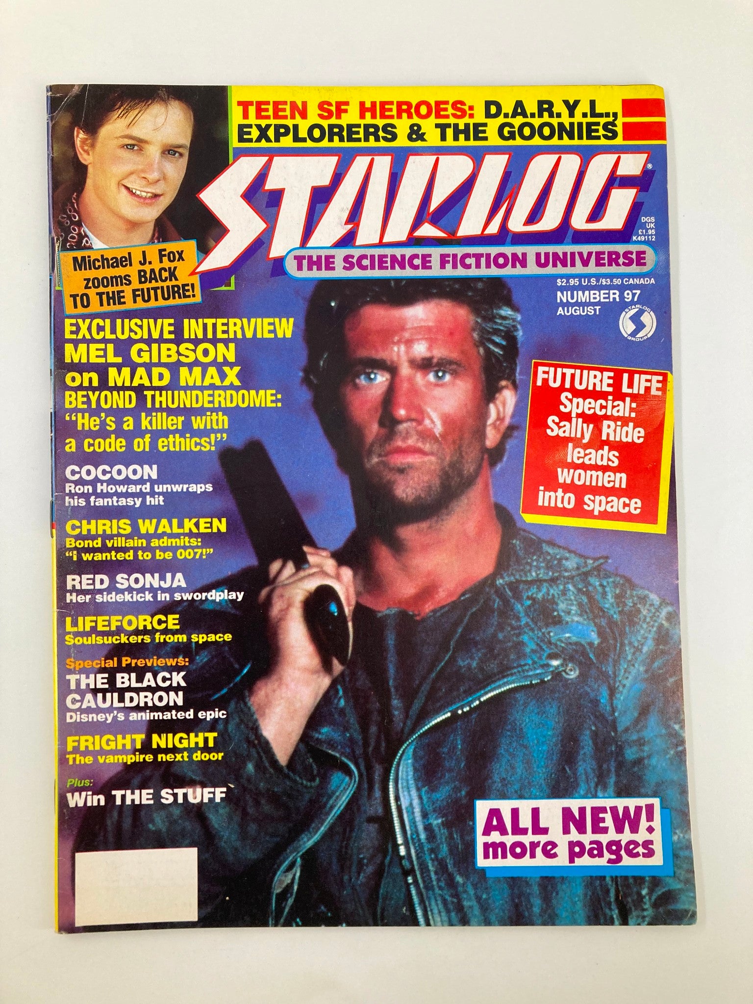 Starlog Magazine August 1985 #97 featuring Mel Gibson and Michael J. Fox on the cover, showcasing interviews and articles about popular 1980s cinema.
