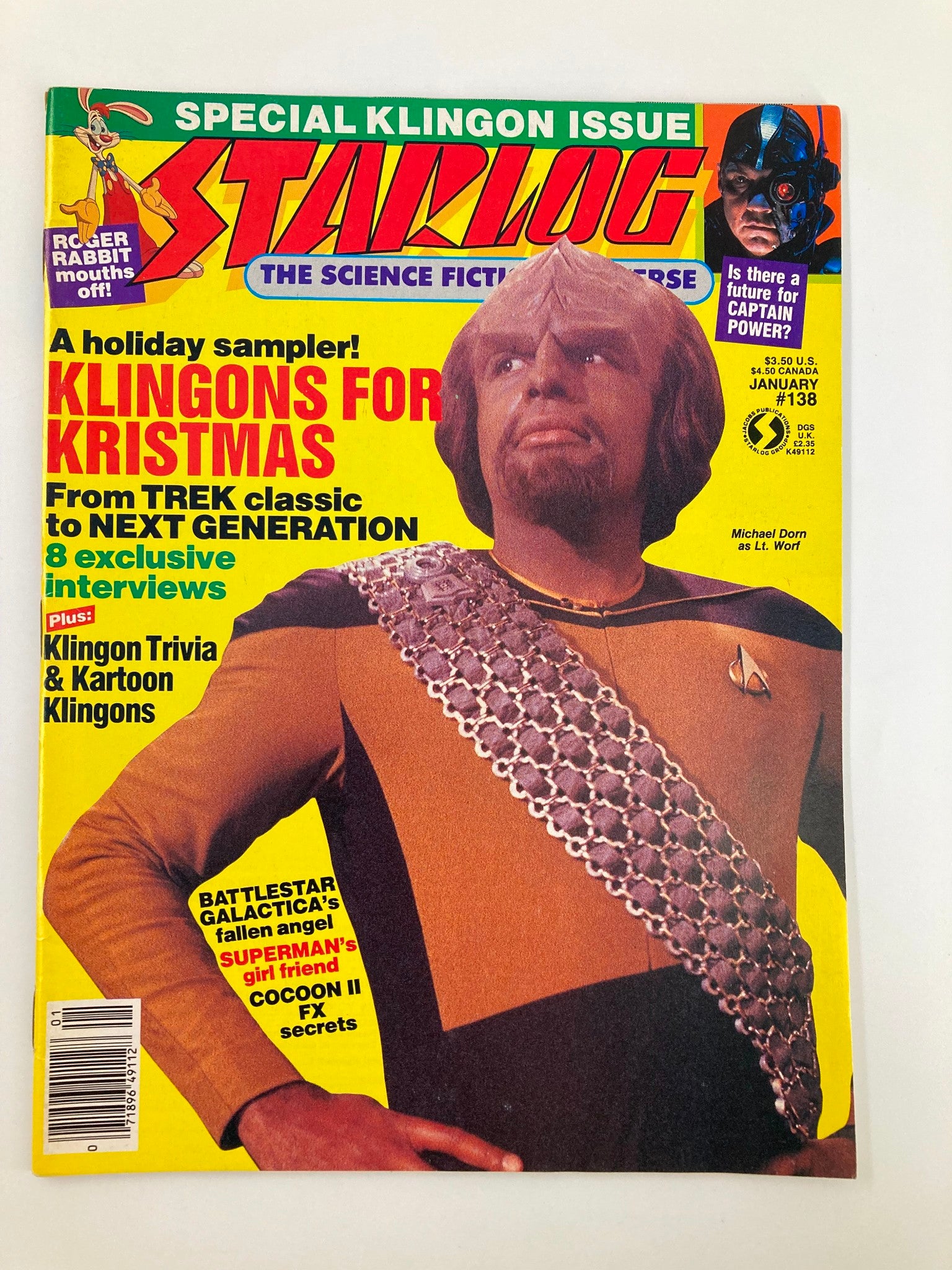 Cover of VTG Starlog Magazine January 1989 #138 featuring Michael Dorn as Lt. Worf, highlighting Klingon themes and special features.
