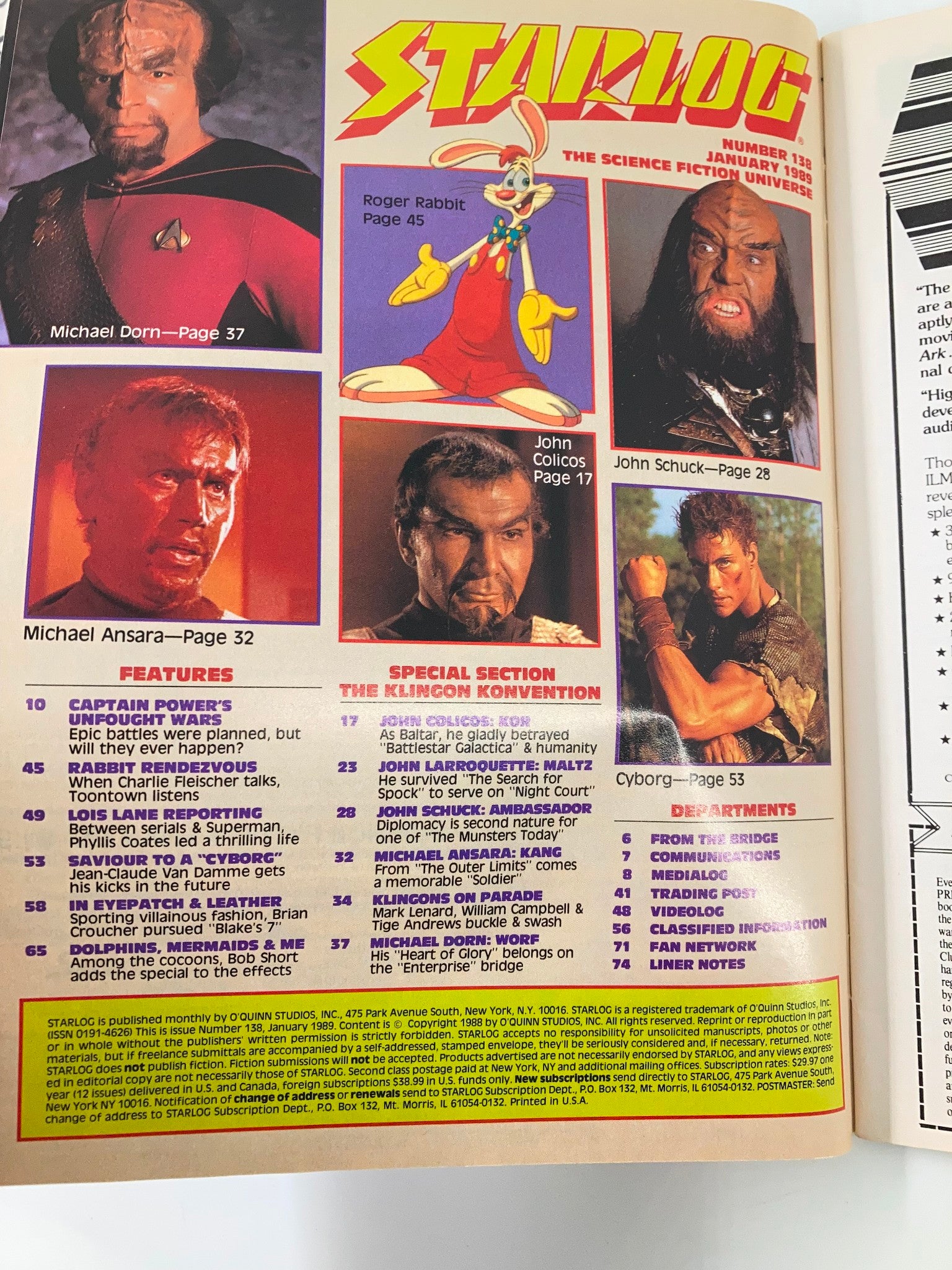 Inside page of VTG Starlog Magazine January 1989 #138, showcasing images and articles including Michael Dorn and Klingon-related content.