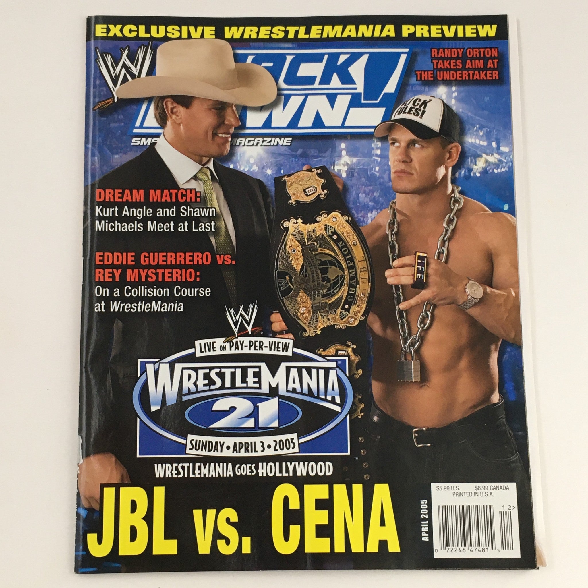 WWE Smack Down Magazine April 2005 featuring John Layfield and John Cena on the cover, showcasing WrestleMania 21 preview with a championship belt.