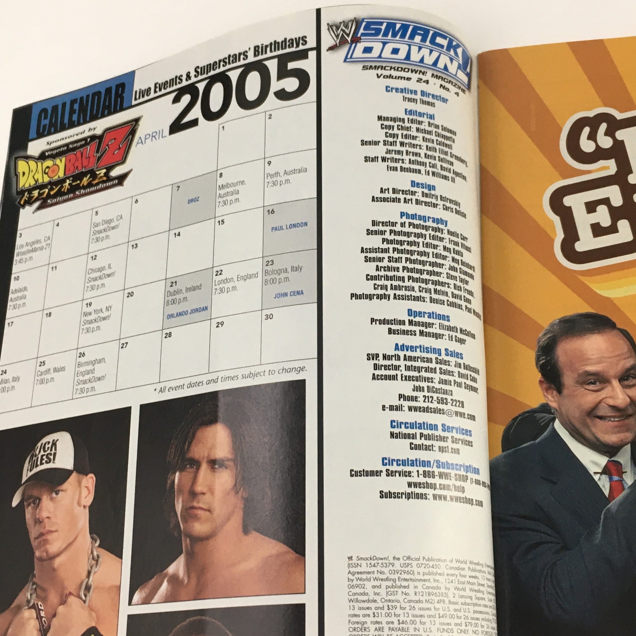 WWE Smack Down Magazine April 2005 showing the calendar of live events and superstars' birthdays.