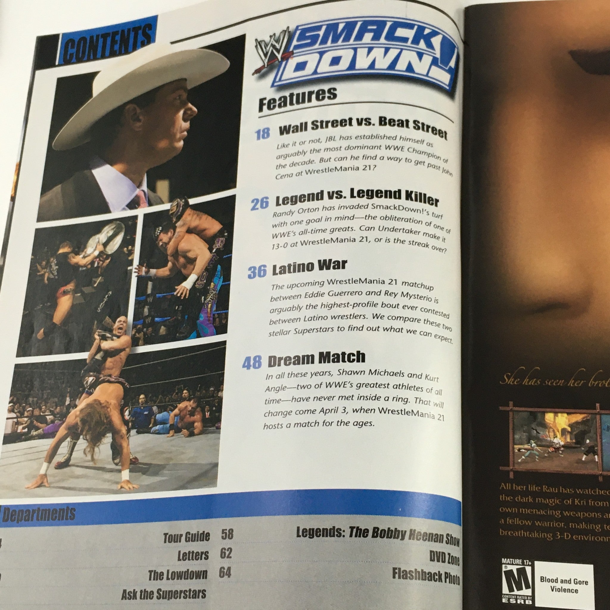 WWE Smack Down Magazine April 2005 featuring contents page with articles about wrestling events and superstars.