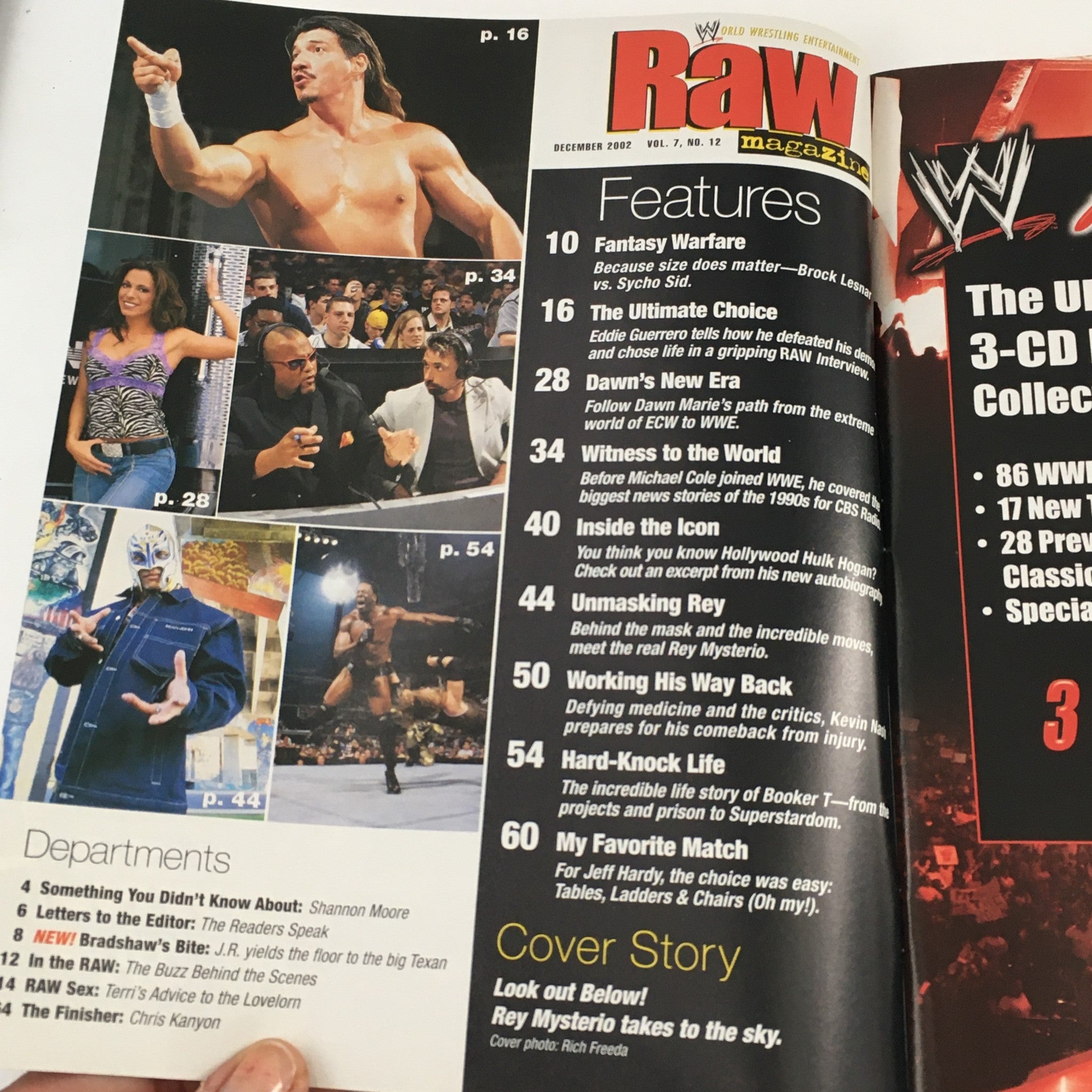 Inside page of WWE Raw Magazine December 2002 detailing features and articles, including Rey Mysterio and Dawn Marie.