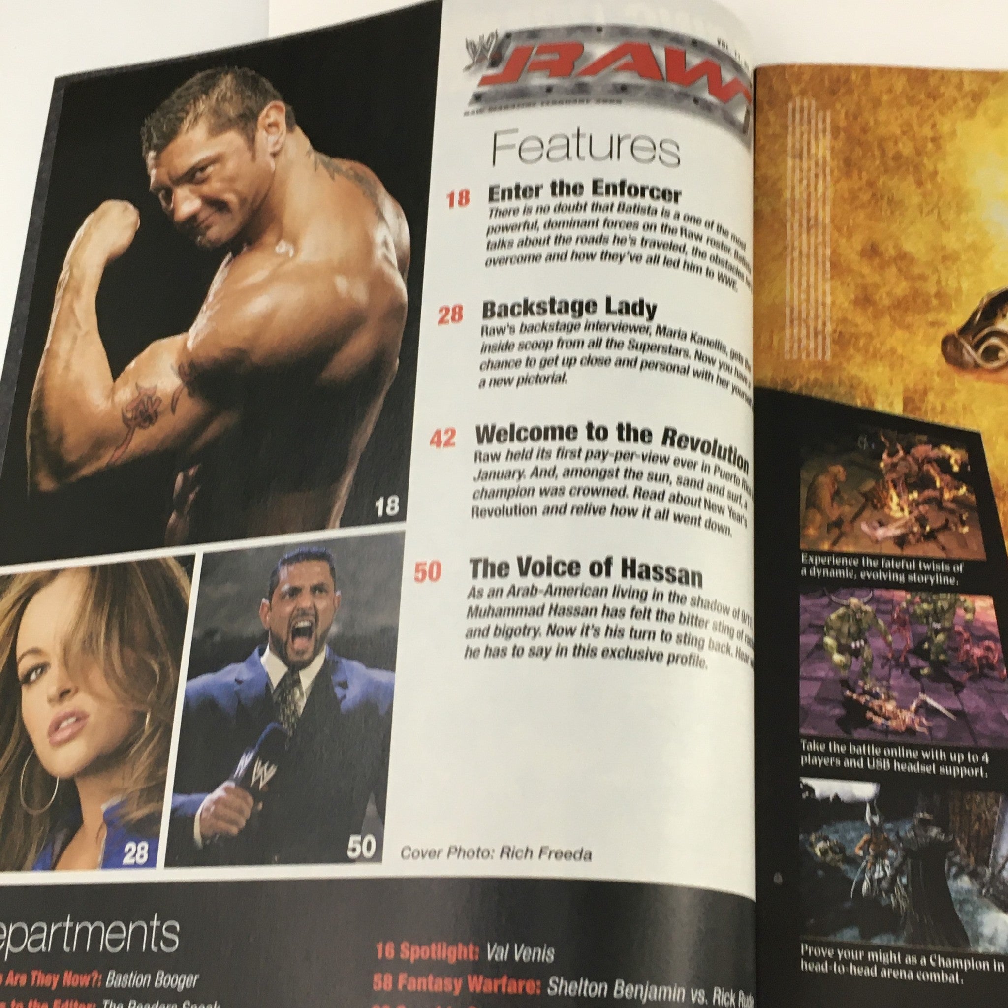 Inside page of WWE Raw Magazine February 2005, displaying features on Dave Batista and Muhammad Hassan, with engaging visuals and articles for wrestling fans.