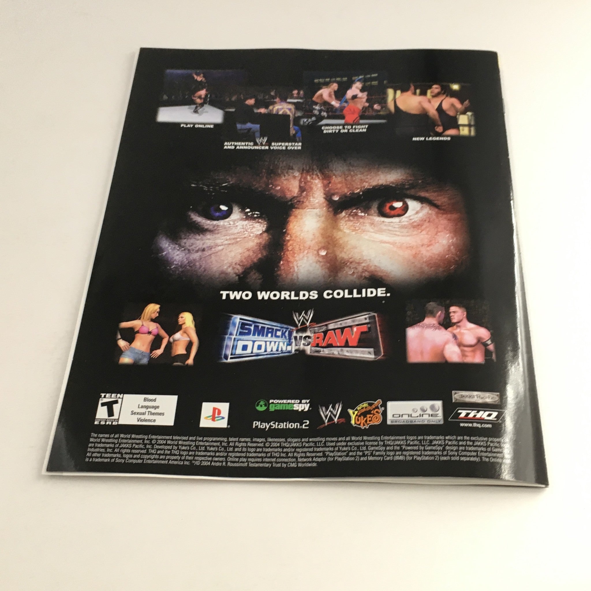 Back cover of WWE Raw Magazine February 2005 showcasing the promotional content for WWE video games, featuring images from WWE SmackDown vs Raw.