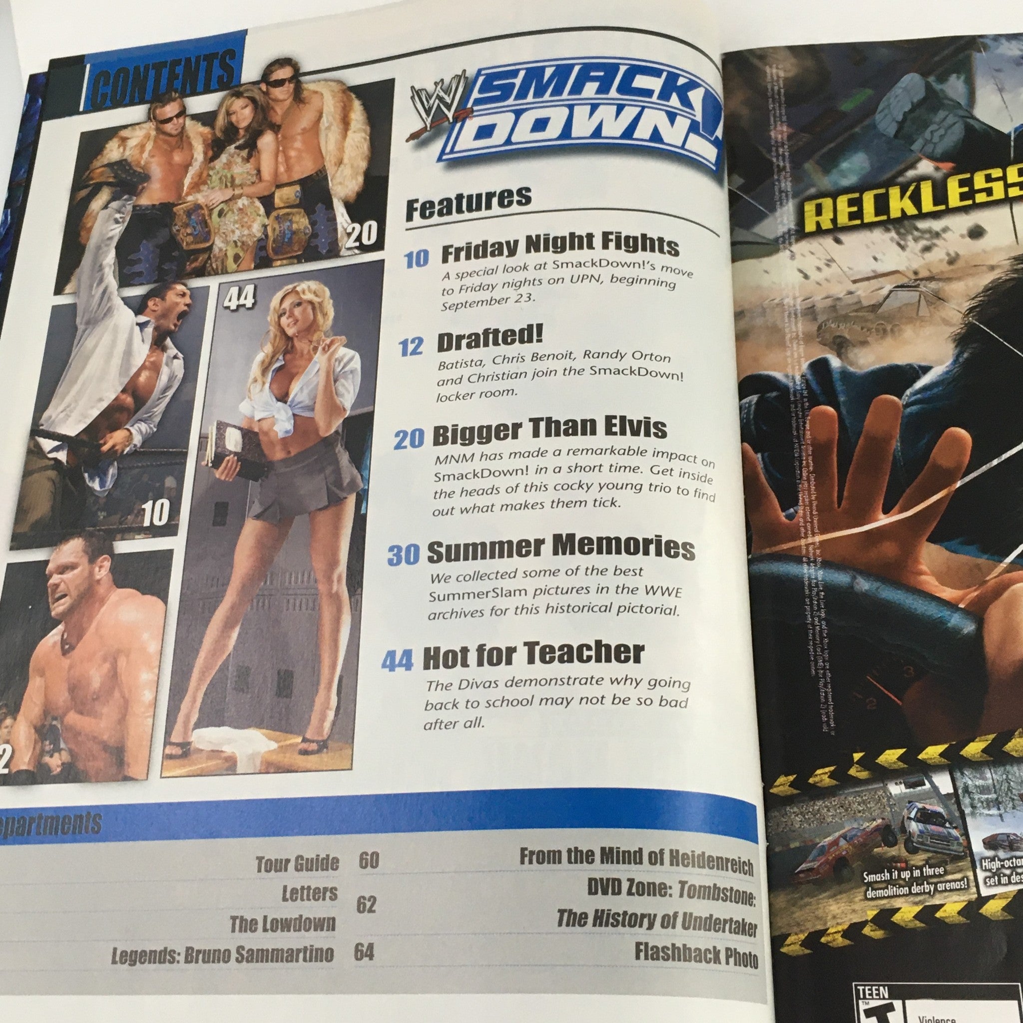 WWE Smack Down Magazine September 2005 interior spread showcasing articles including Friday Night Fights and a feature on Divas, highlighting the magazine's content and vibrant photography.