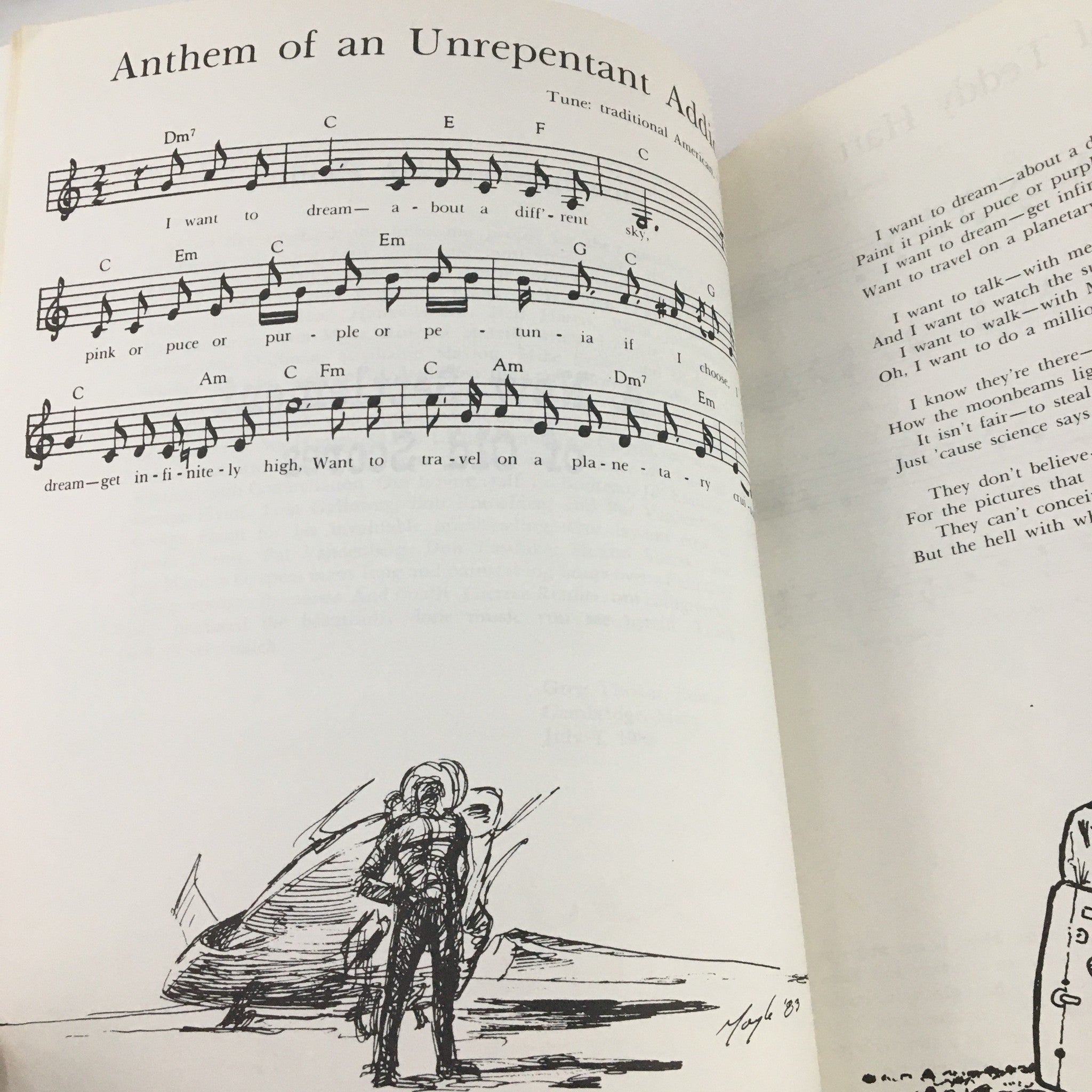 Interior page from 1988 A New Settlement of Old Scores by John Brunner, featuring sheet music for 'Anthem of an Unrepentant Addict' showcasing notes and an illustration of a figure standing beside a spacecraft.