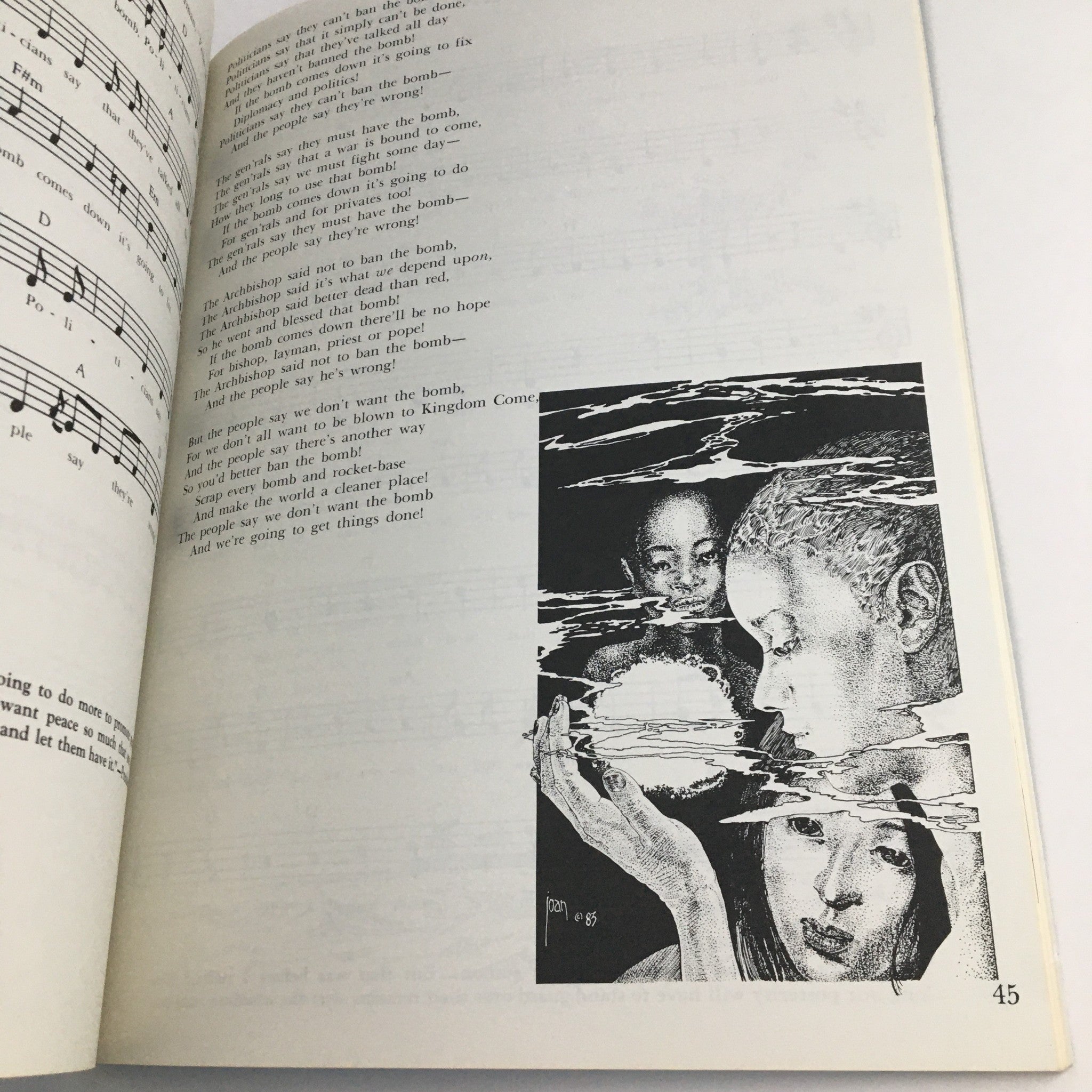 Illustration accompanying the song 'The People Say' in the 1988 A New Settlement of Old Scores by John Brunner, depicting themes of peace and social commentary through art.
