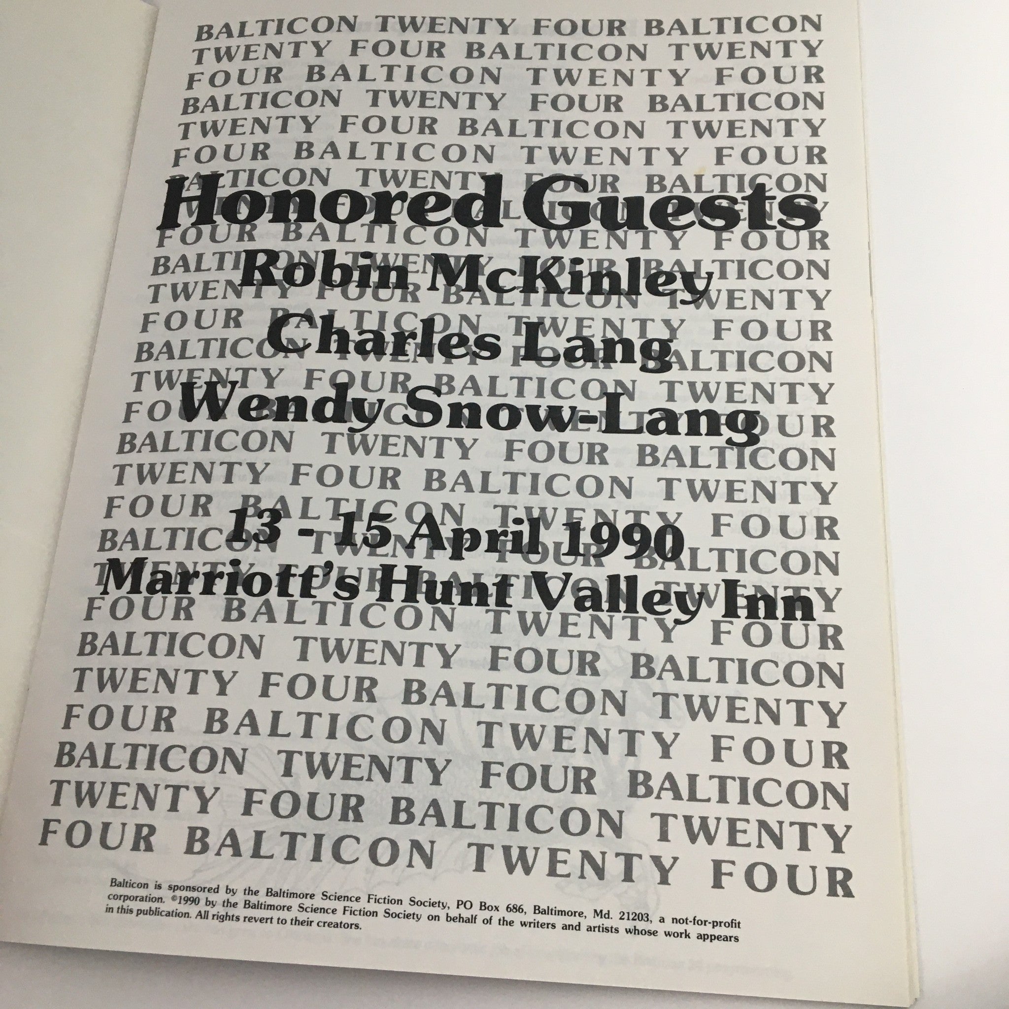 Back cover of BaltiCon The 24th World Sci-Fi Con 1990 listing honored guests Robin McKinley, Charles Lang, and Wendy Snow-Lang.