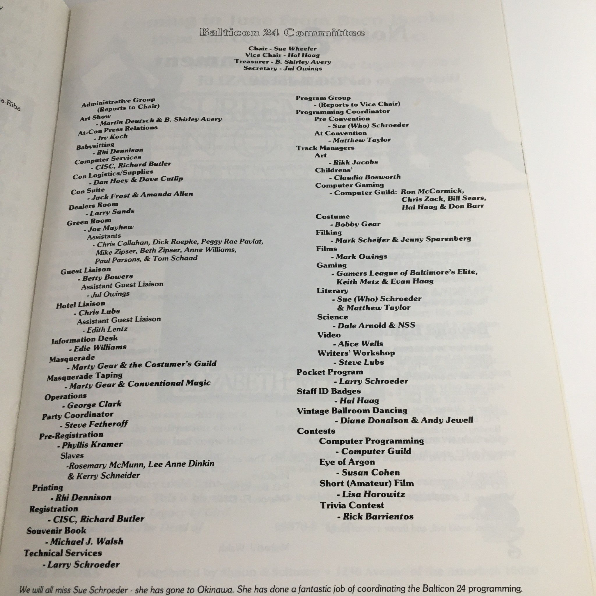 Page from BaltiCon The 24th World Sci-Fi Con 1990 showing the committee members' list, highlighting the organizational structure of the event.