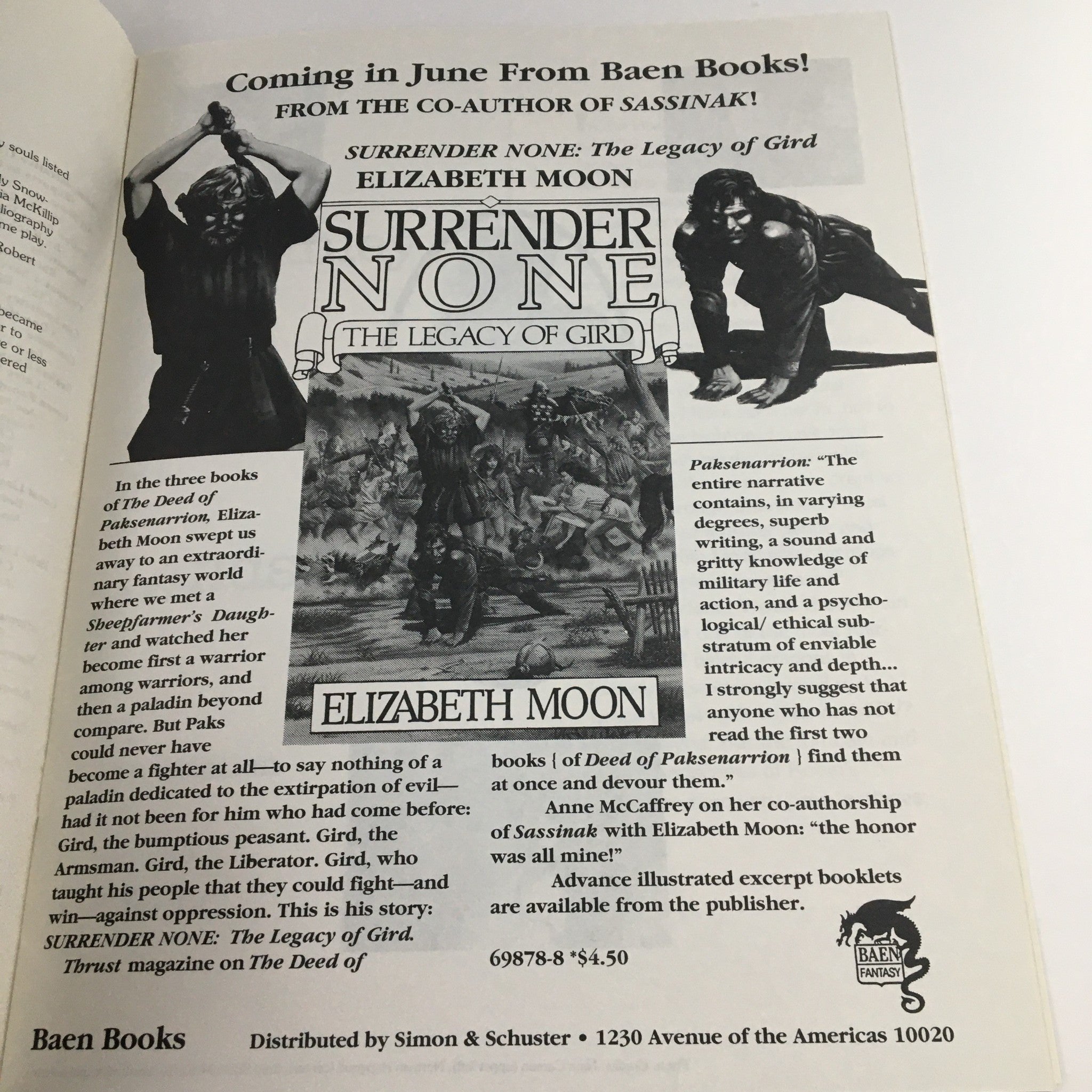 Promotional page from BaltiCon The 24th World Sci-Fi Con 1990 advertising the book 'Surrender None: The Legacy of Gird' by Elizabeth Moon.