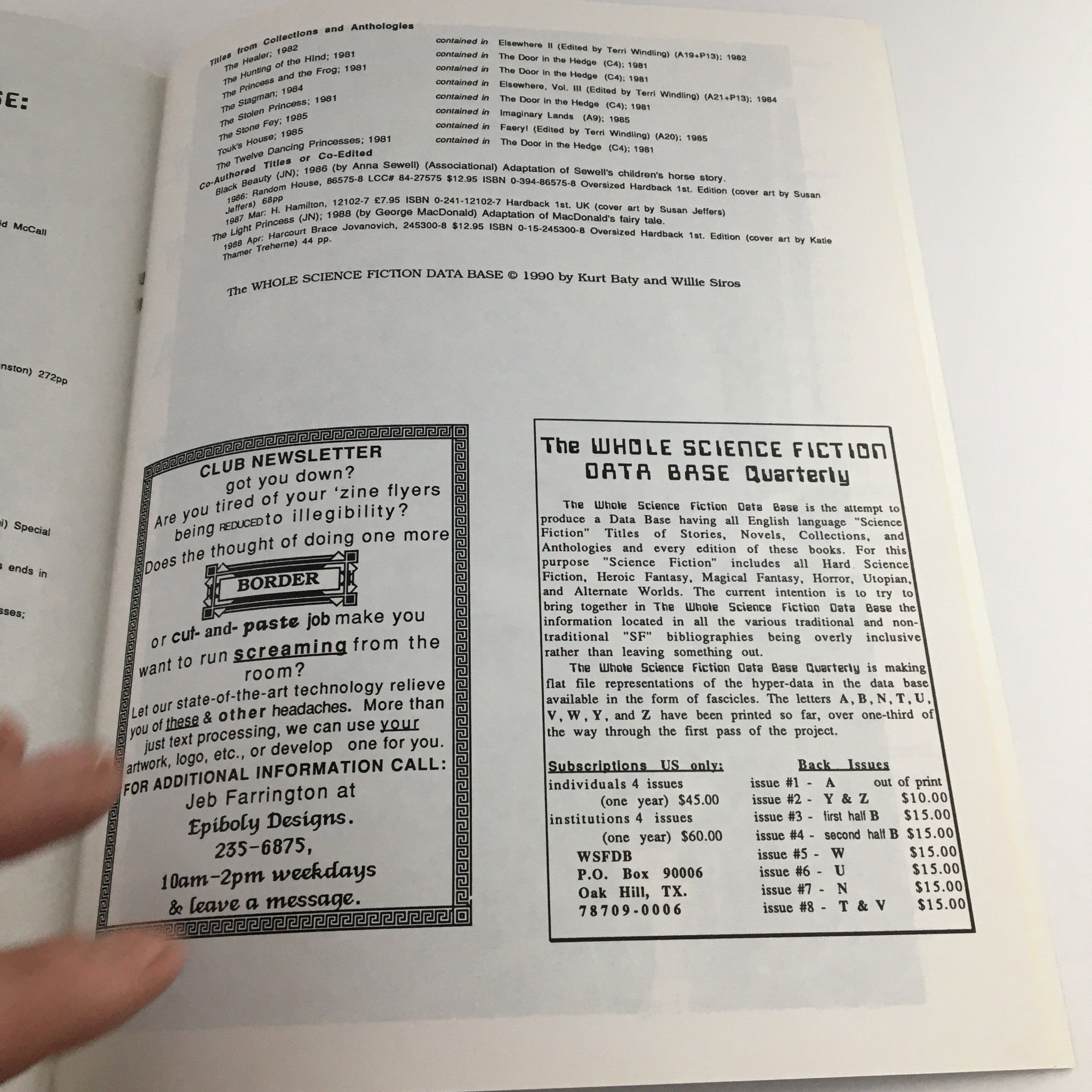 Page from BaltiCon The 24th World Sci-Fi Con 1990 displaying advertisements for the Whole Science Fiction Data Base Quarterly.