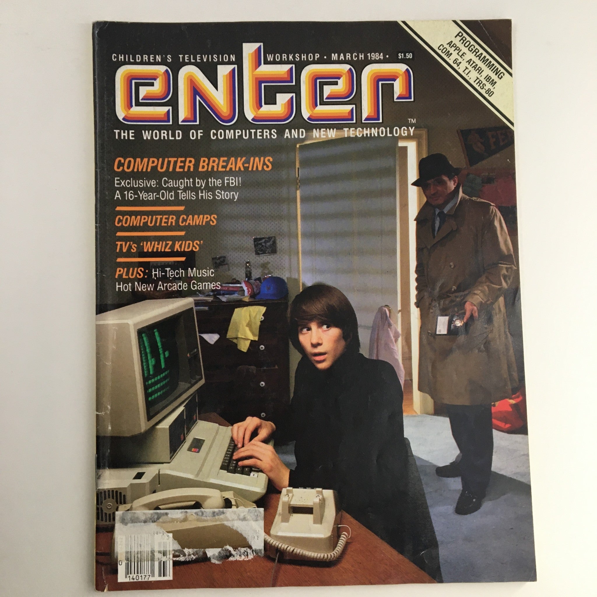 Cover of Enter Magazine March 1984 featuring articles on computer break-ins, computer camps, and TV's Whiz Kids. The image depicts a young boy at a computer looking surprised with a figure in a trench coat in the background.