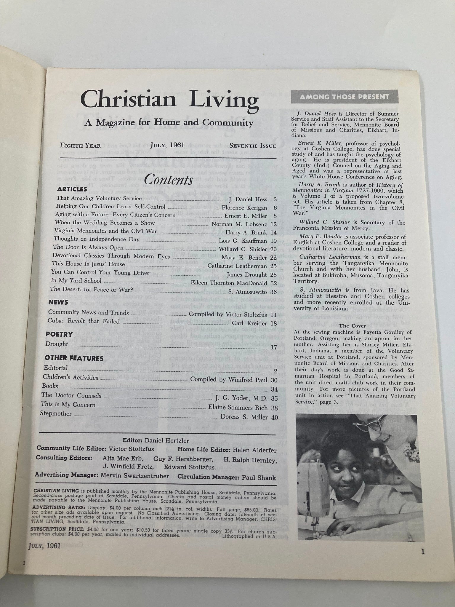 Vintage Christian Living Magazine July 1961 interior page displaying the table of contents, listing various articles and features, set in a traditional format that showcases historical Christian literature.