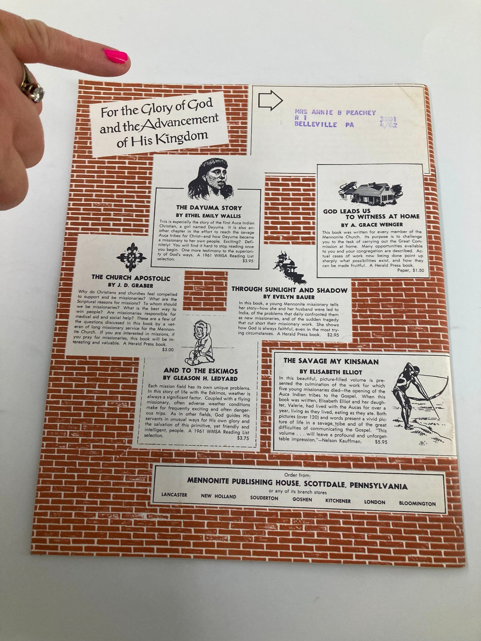 Vintage Christian Living Magazine July 1961 back cover with advertisements for Christian literature, printed on a brick-patterned background, reflecting the style of the era.