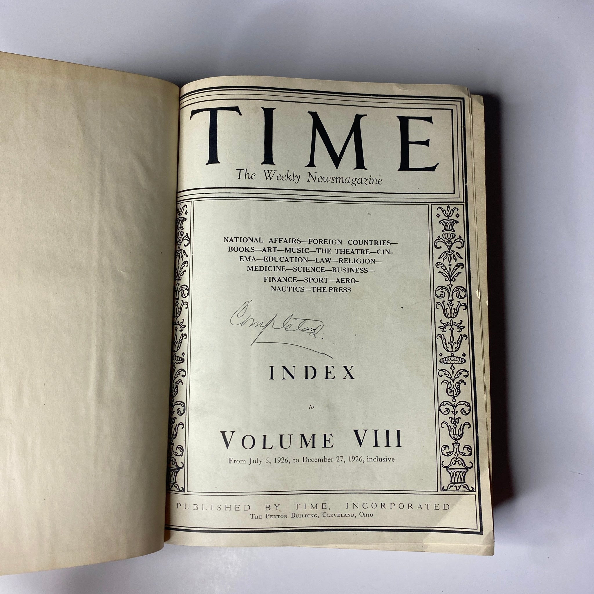 Inside title page of Time Magazine, indicating 'Index to Volume VIII' from July 5, 1926 to December 27, 1926, part of 'Time Magazine Bound Weekly 1926 July - December'.