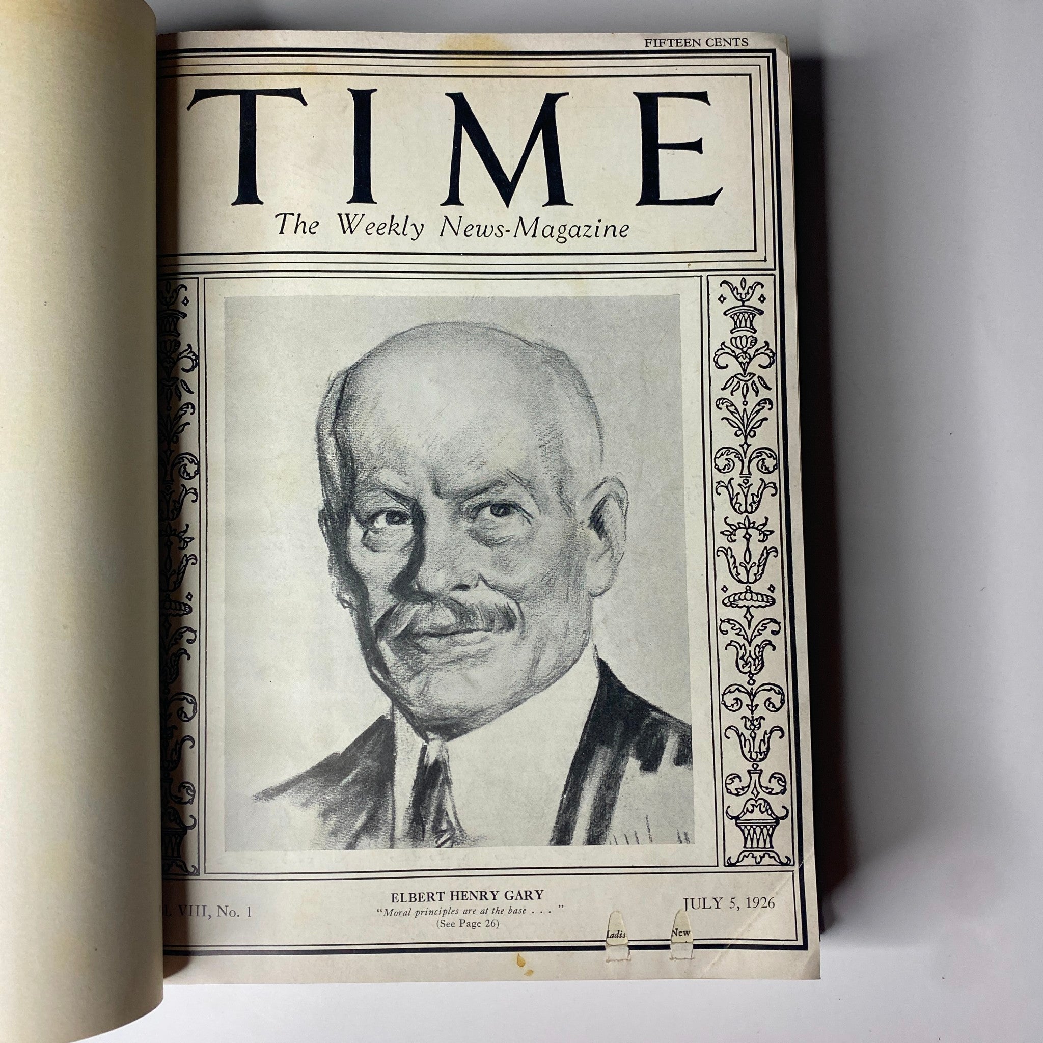 Time Magazine bound volume cover featuring Elbert Henry Gary, July 5, 1926, from Time Magazine Bound Weekly July - December 1926.
