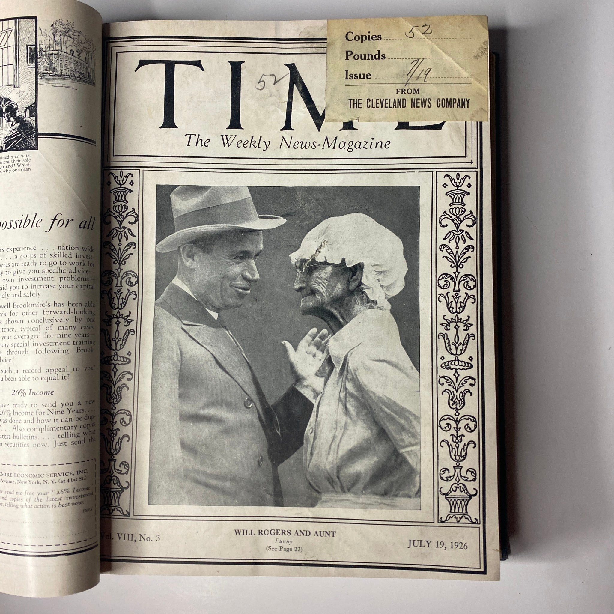 Time Magazine cover with Will Rogers and Aunt, July 19, 1926, from Time Magazine Bound Weekly July - December 1926.