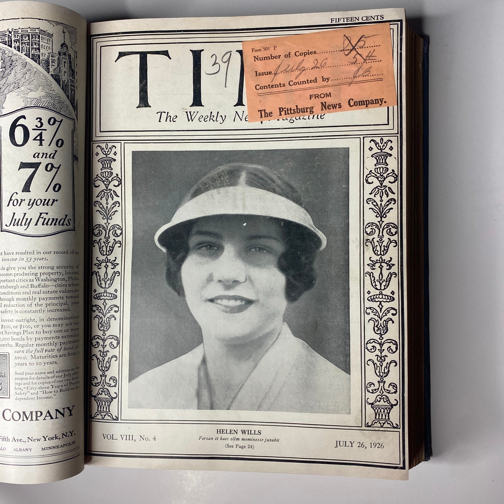 Time Magazine cover featuring Helen Wills, July 26, 1926, from Time Magazine Bound Weekly July - December 1926.