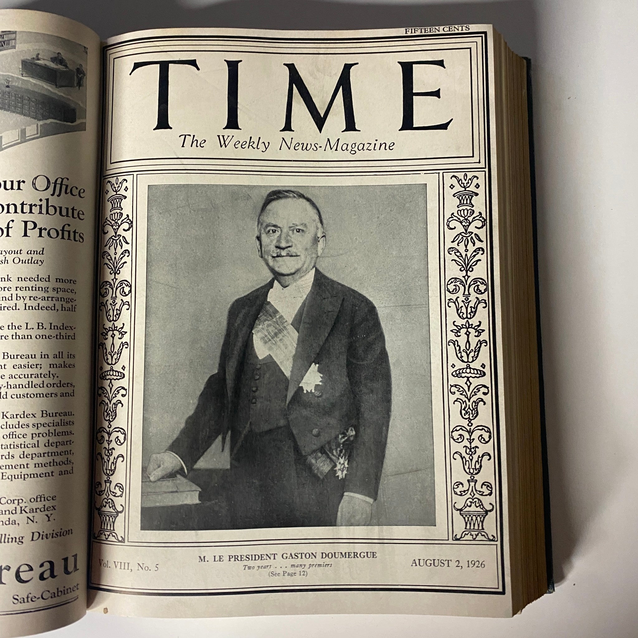 Cover of Time Magazine, August 2, 1926 featuring M. Le Président Gaston Doumergue. The magazine illustrates significant historical figures from 1926.