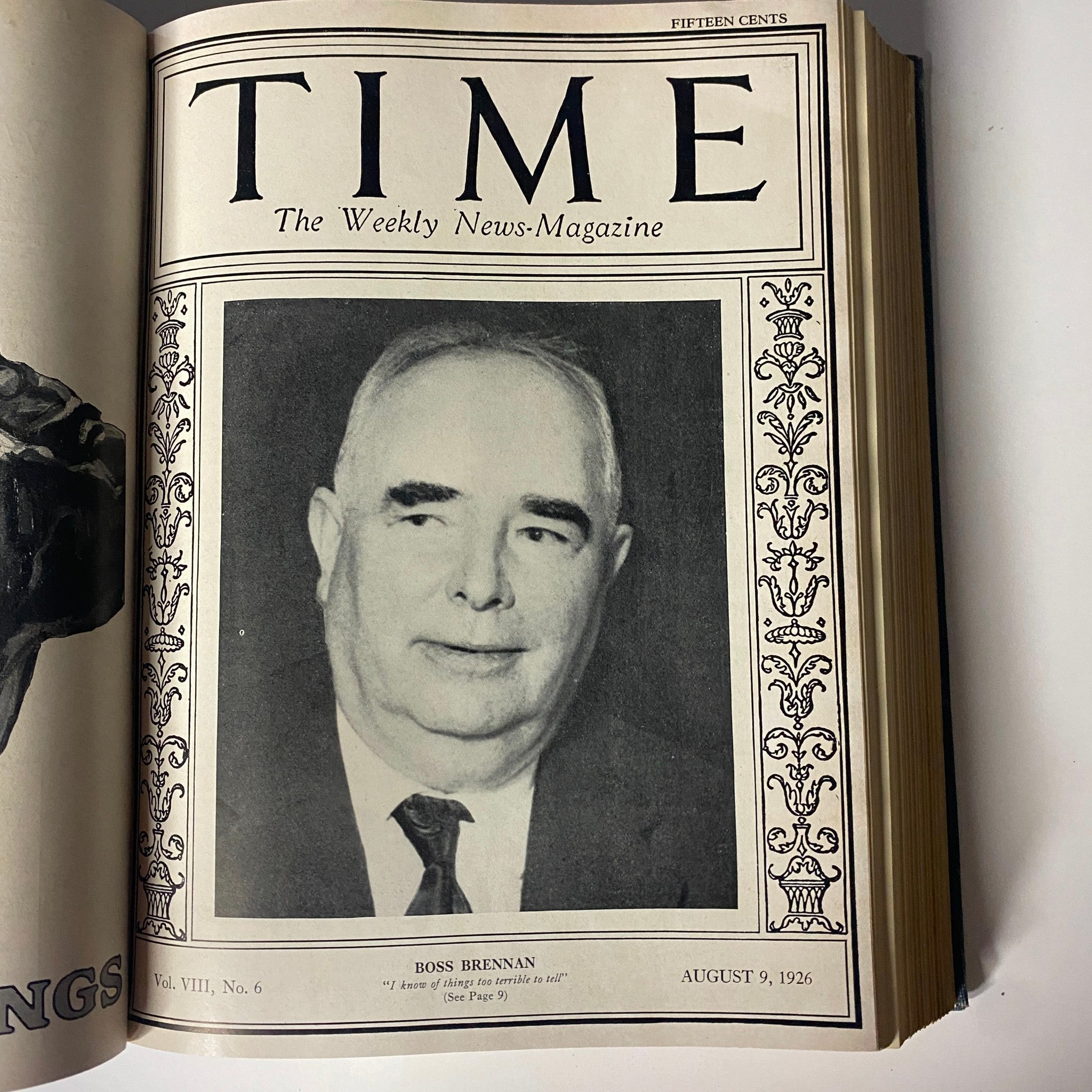 Cover of Time Magazine, August 9, 1926 showcasing Boss Brennan. The issue features prominent cultural and political discussions of the year.