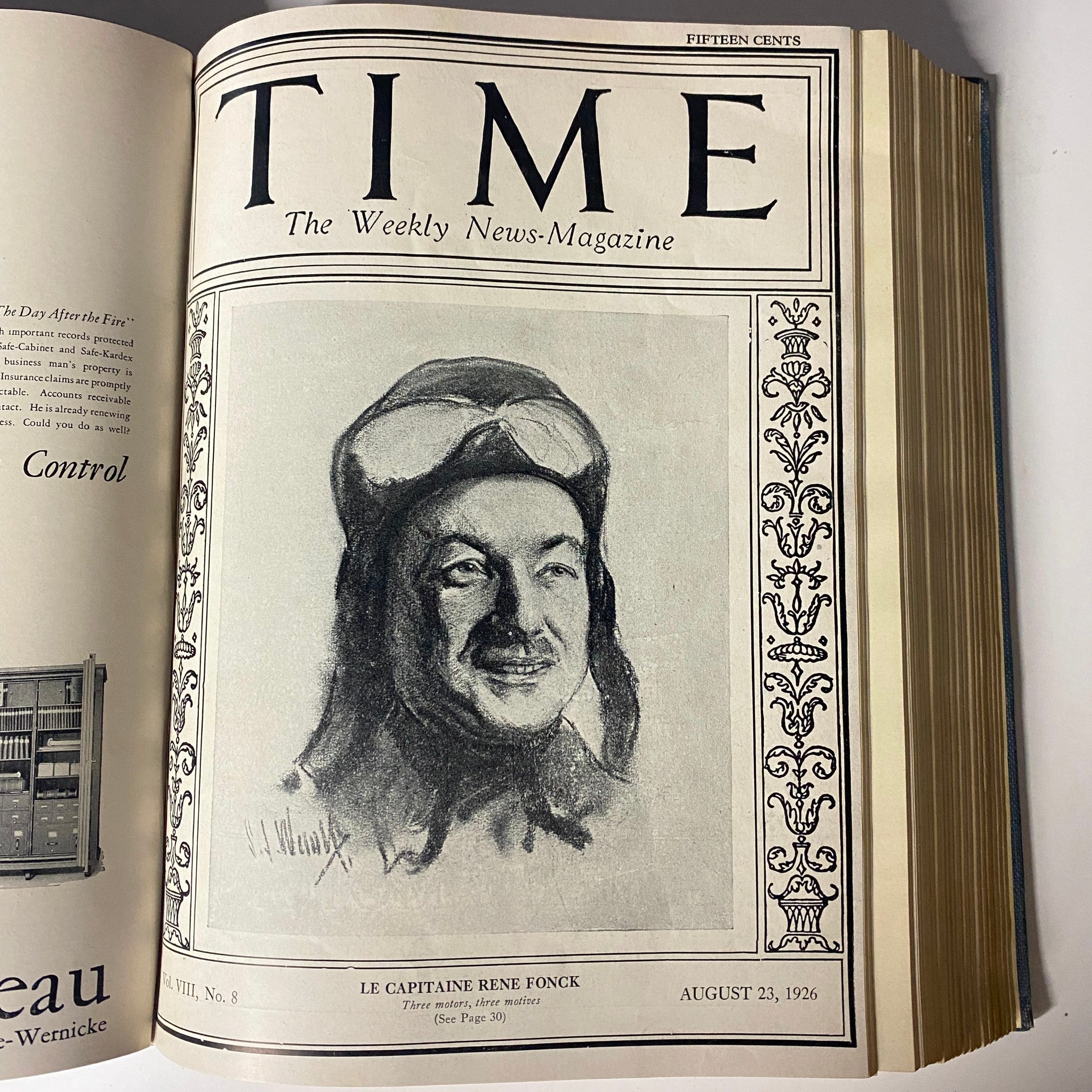 Cover of Time Magazine, August 23, 1926 featuring Le Capitaine René Fonck. The magazine reflects on critical historical moments from 1926.