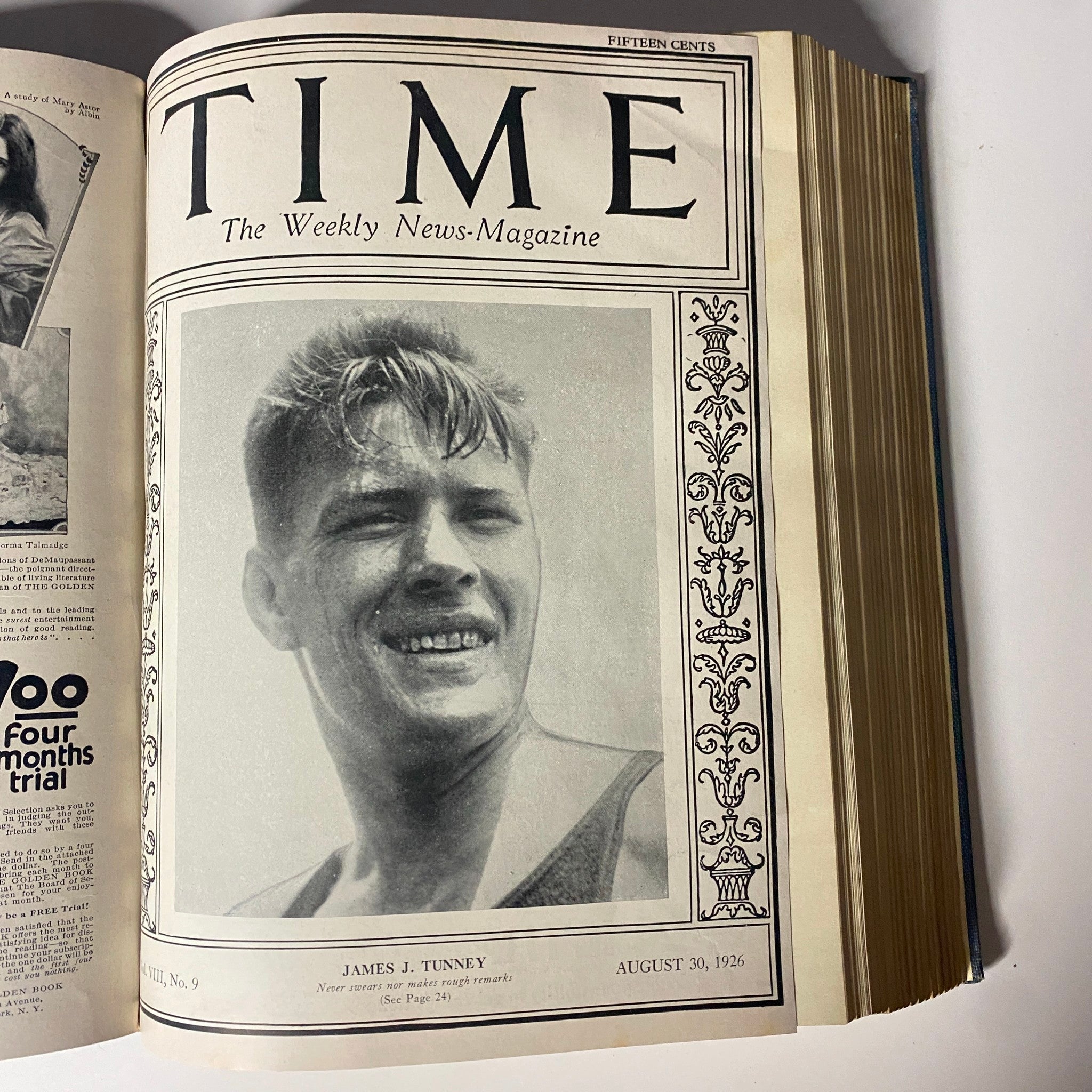 Cover of Time Magazine, August 30, 1926 displaying James J. Tunney. This issue covers contemporary issues and key figures from 1926.