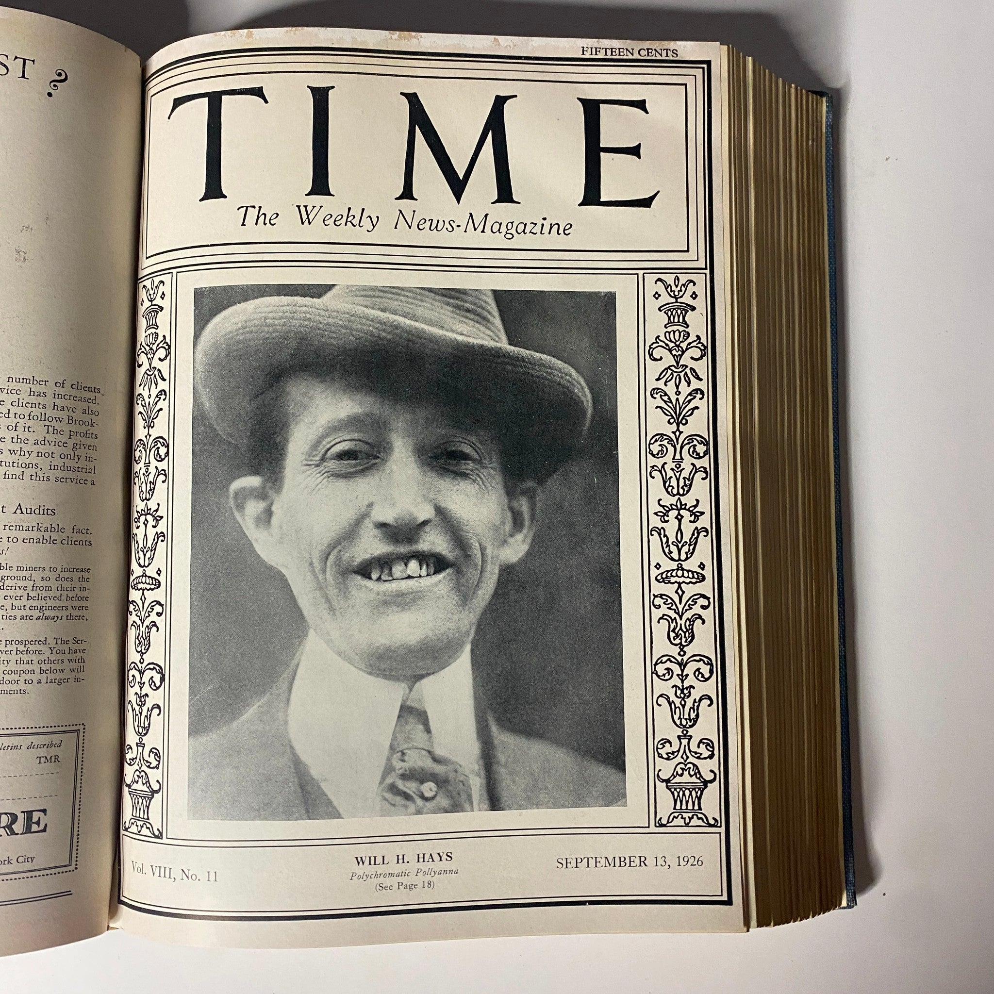 Time Magazine cover featuring Will H. Hays, published September 13, 1926, from the Time Magazine Bound Weekly July to December 1926 collection.
