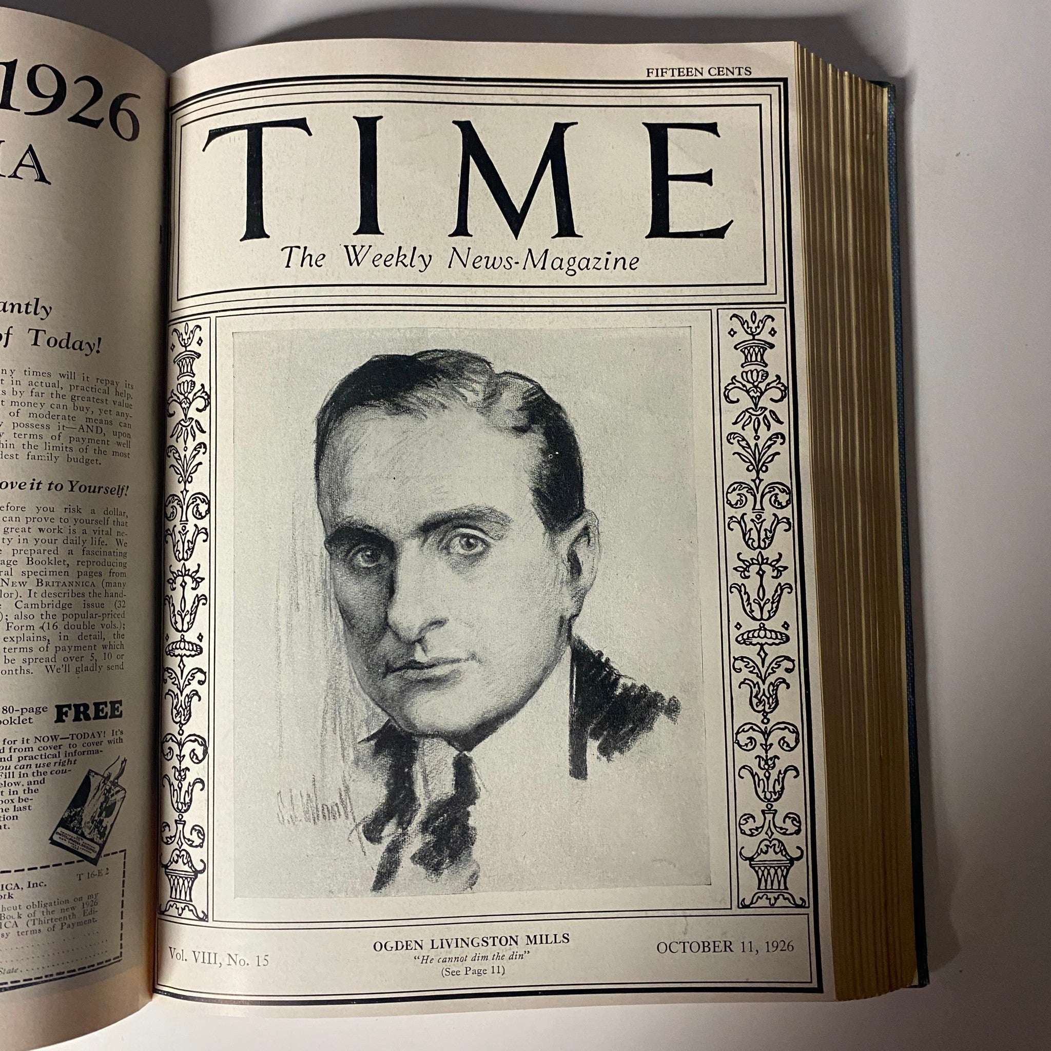 Cover of Time Magazine dated October 11, 1926, featuring a portrait of Ogden Livingston Mills, part of the Time Magazine Bound Weekly collection July to December 1926.