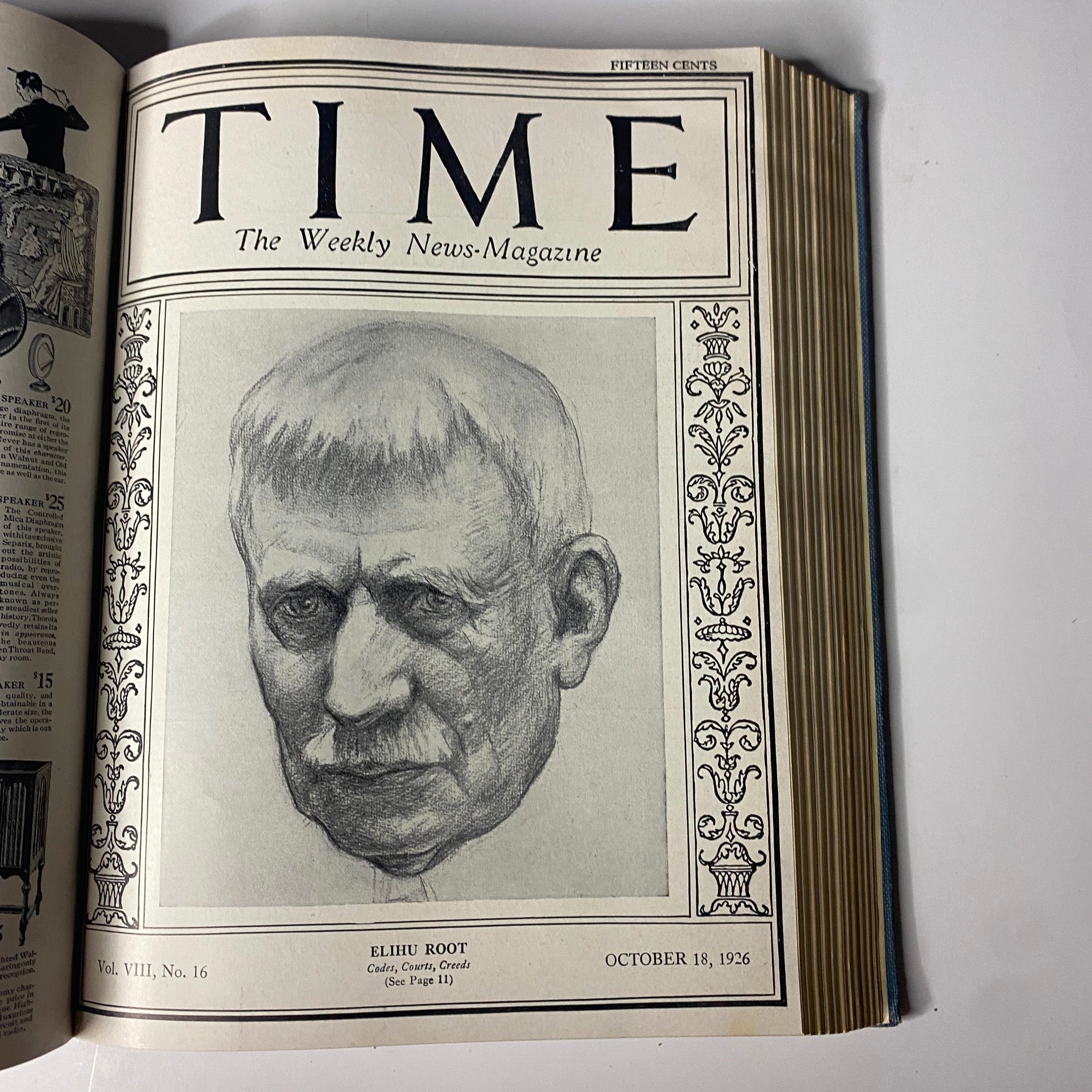 Cover of Time Magazine dated October 18, 1926, featuring a portrait of Elihu Root, included in the Time Magazine Bound Weekly collection from July to December 1926.