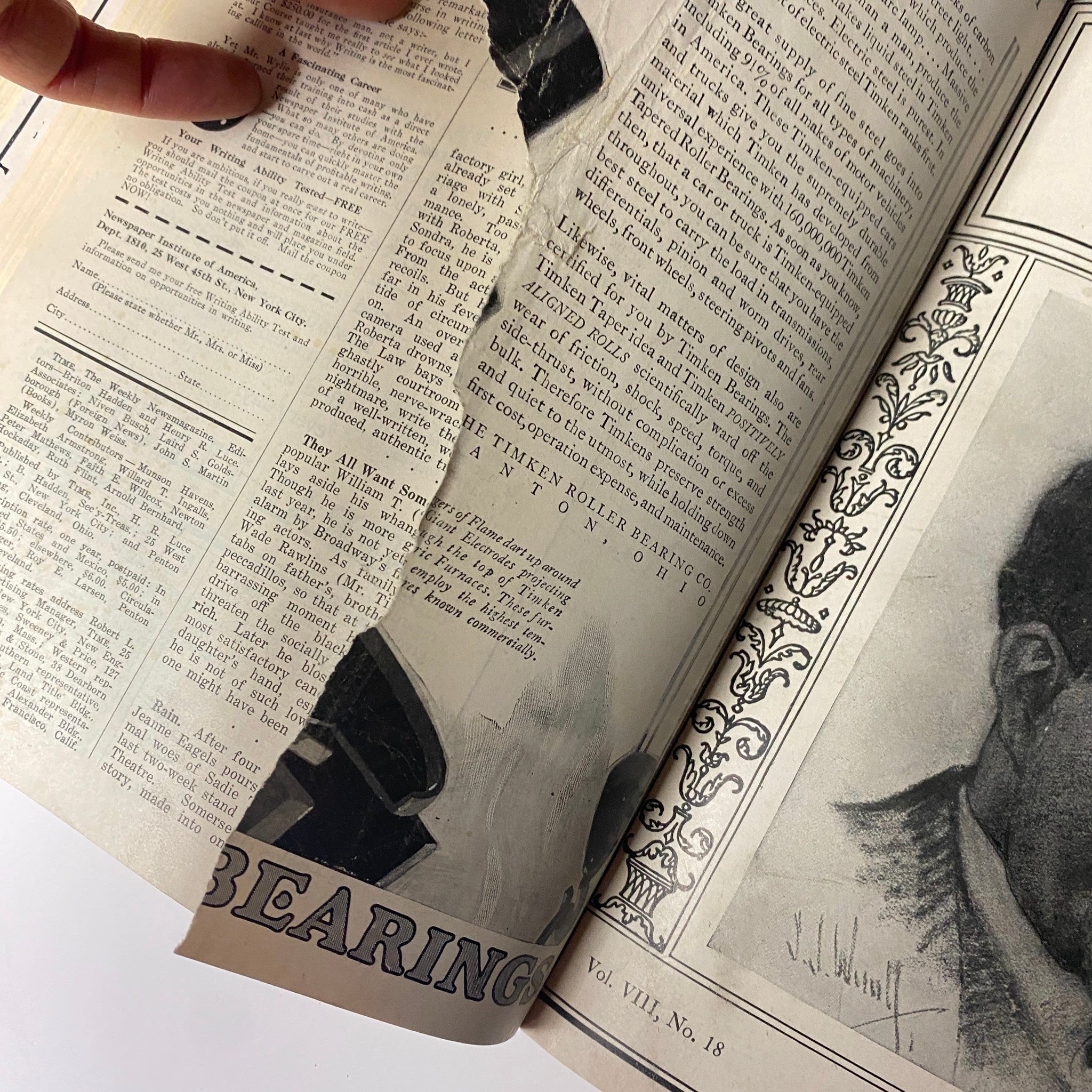 Page from Time Magazine dated November 1, 1926, showing an article with a torn section highlighting a portrait, part of the Time Magazine Bound Weekly July to December 1926.