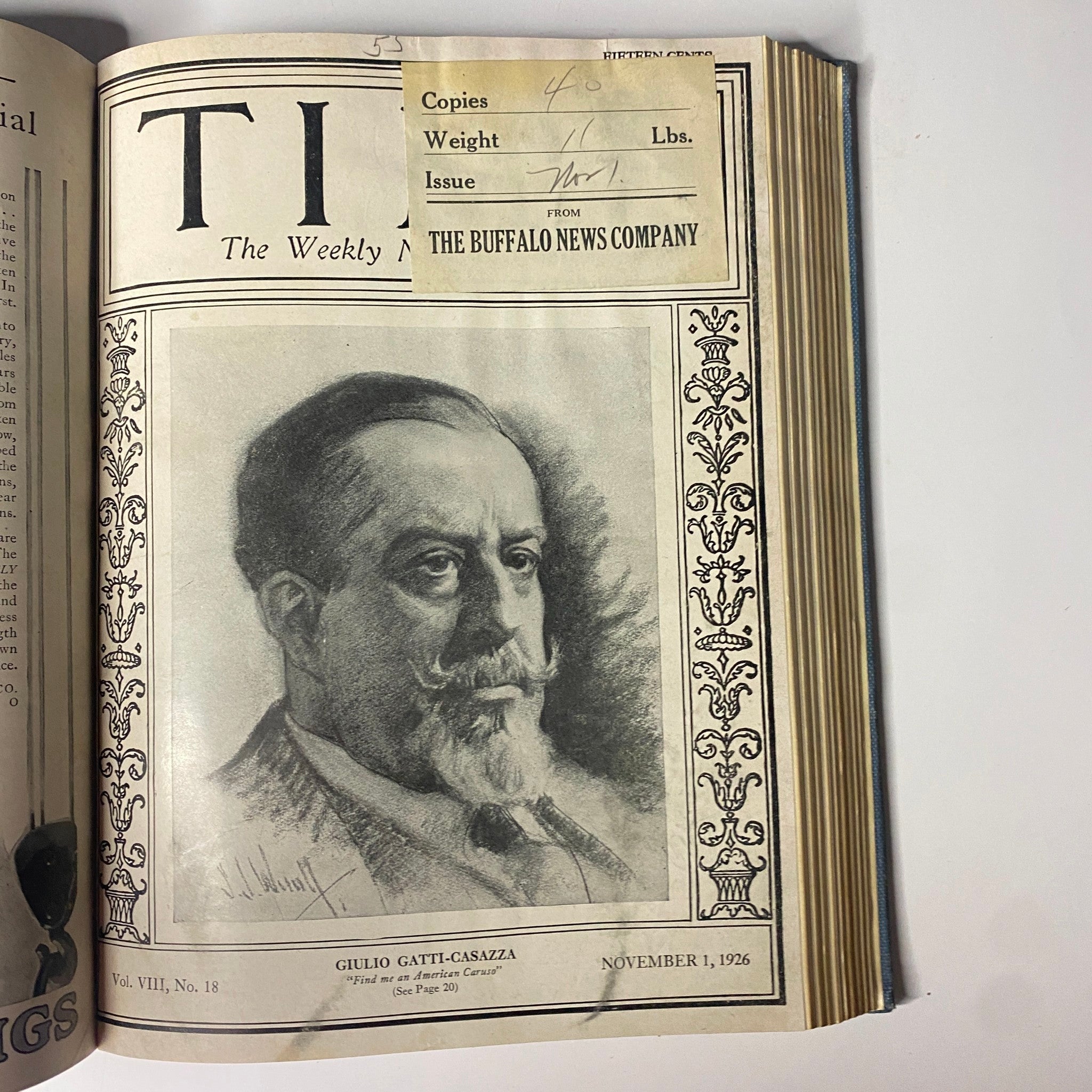 Time Magazine Bound Weekly July to December 1926 featuring Giulio Gatti-Casazza on the cover, dated November 1, 1926.