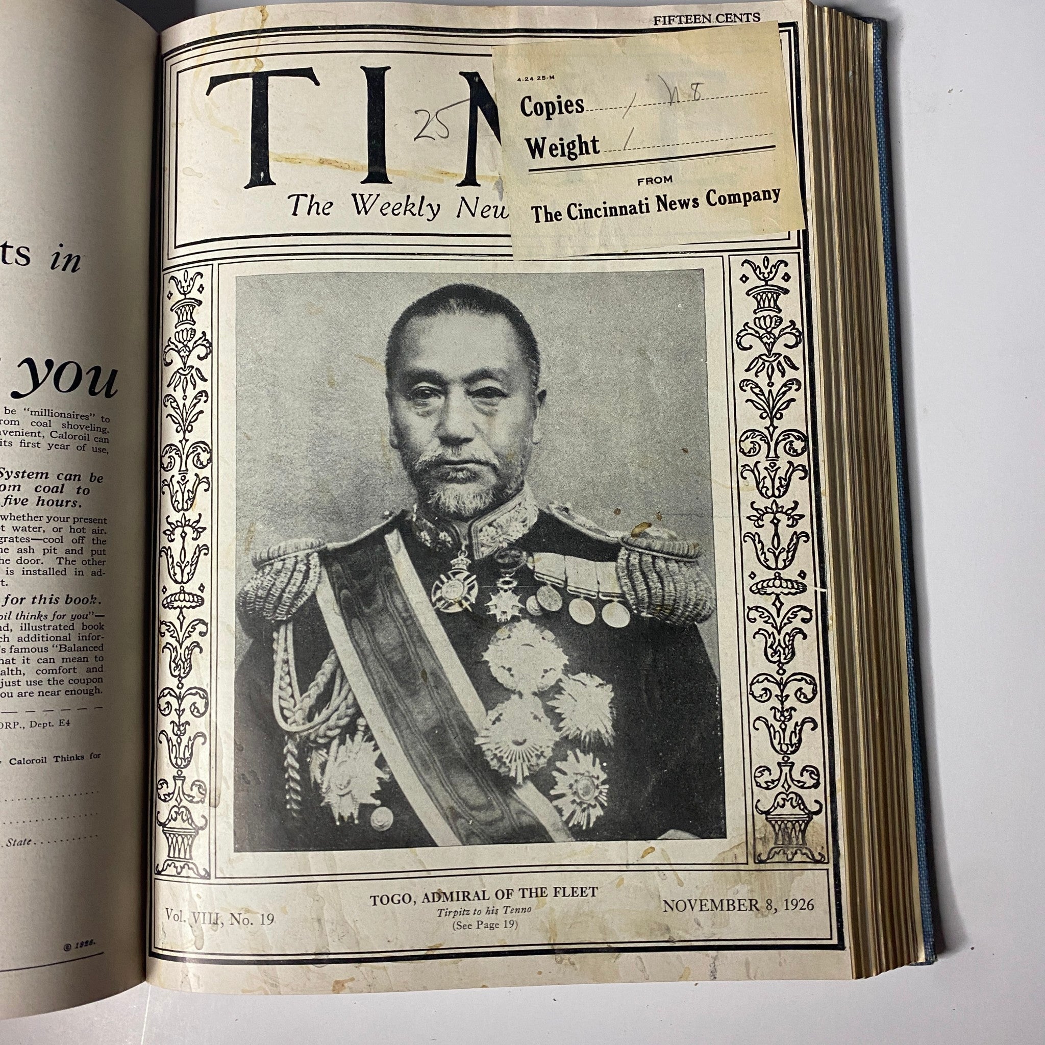 Time Magazine Bound Weekly July to December 1926 showcasing Tōgō, Admiral of the Fleet on the cover, dated November 8, 1926.