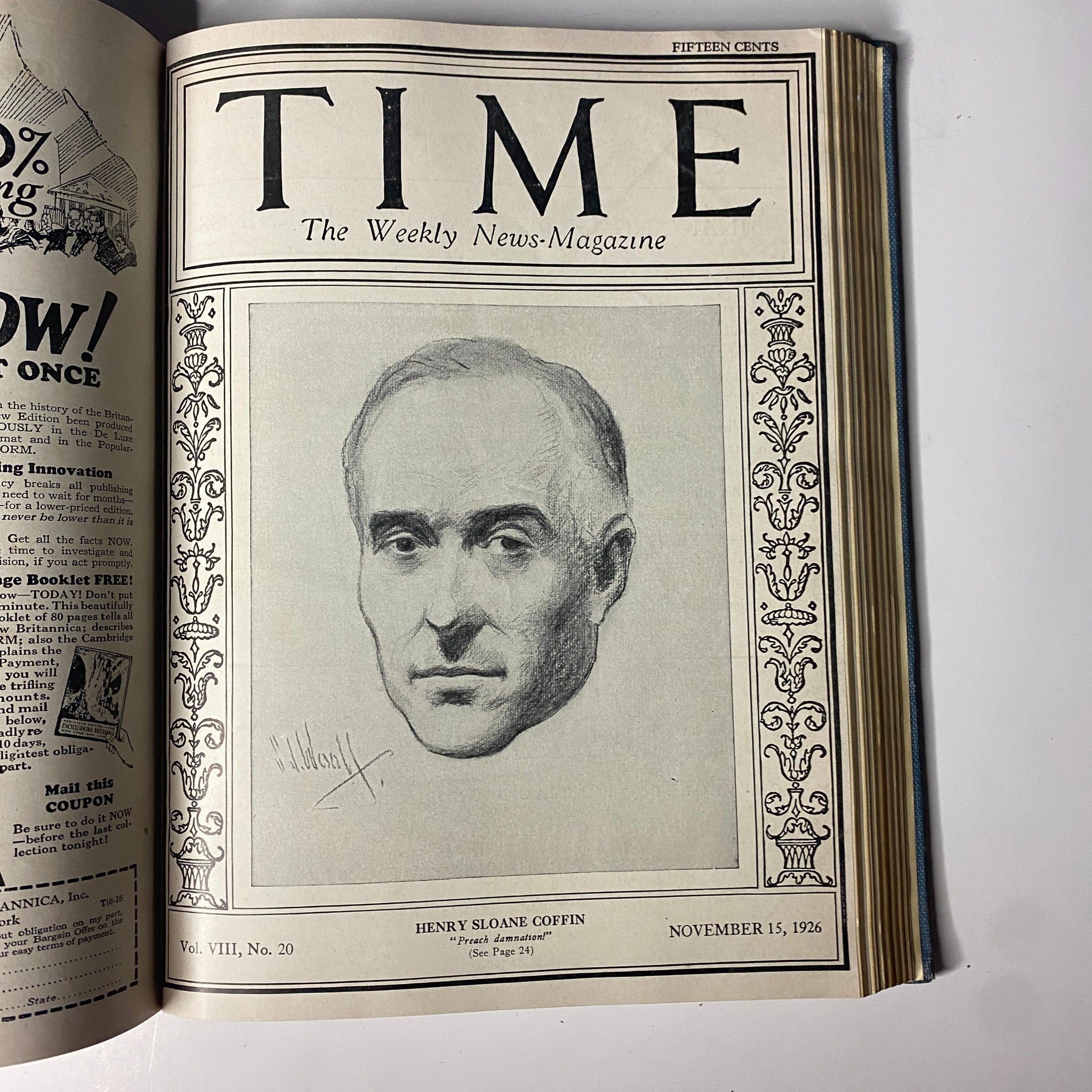 Time Magazine Bound Weekly July to December 1926 featuring Henry Sloane Coffin on the cover, dated November 15, 1926.