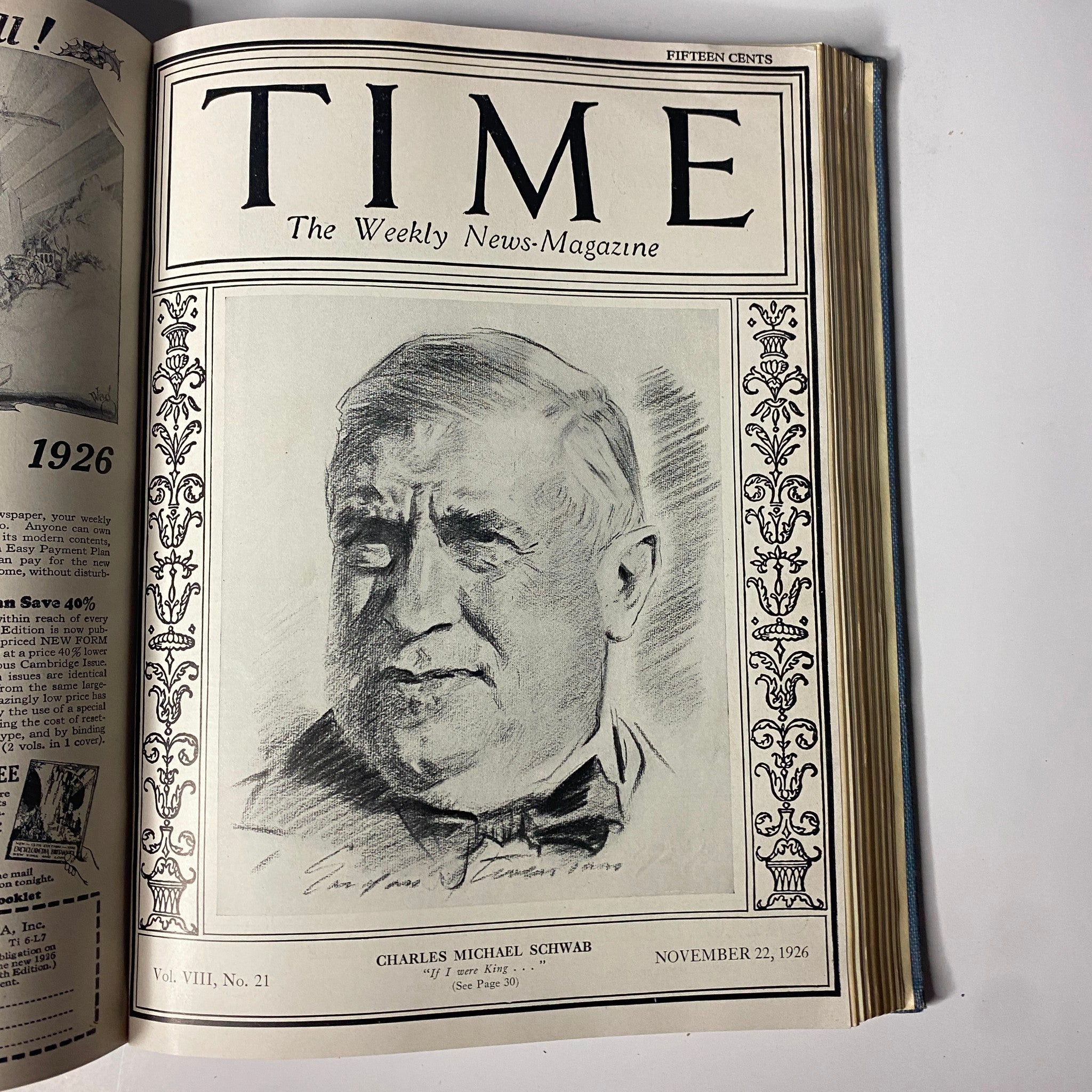 Time Magazine Bound Weekly July to December 1926 showcasing Charles Michael Schwab on the cover, dated November 22, 1926.