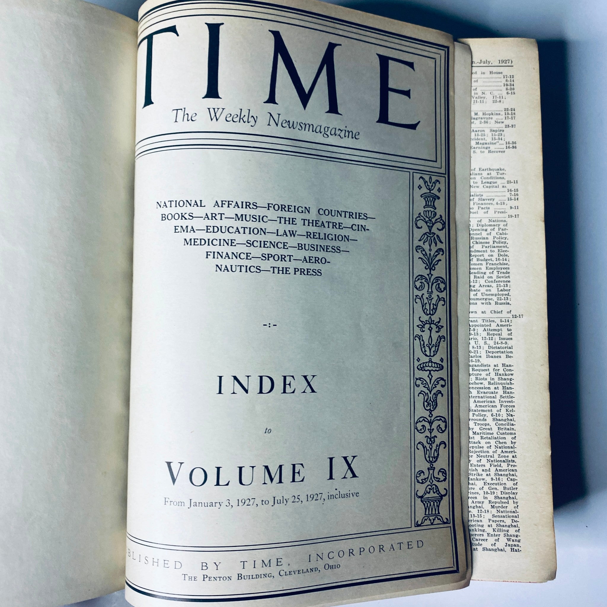 Index page of 'Time Magazine Bound Weekly 1927 January - June', outlining key topics in Volume IX from January to July 1927.