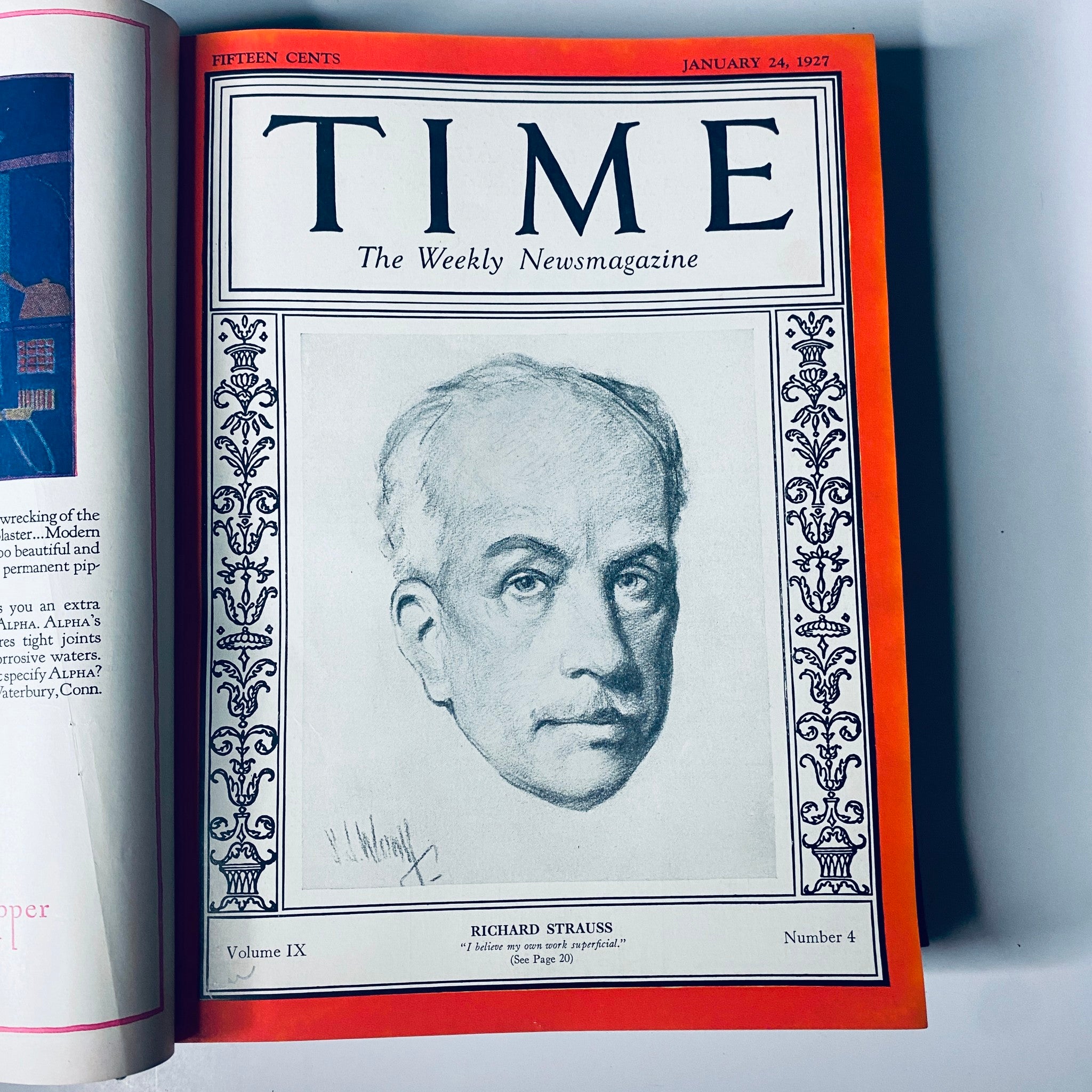Cover of Time Magazine dated January 24, 1927, showcasing a portrait of Richard Strauss, included in the Time Magazine Bound Weekly 1927 January - June TURKEY Mustafa Kemal Pasha.