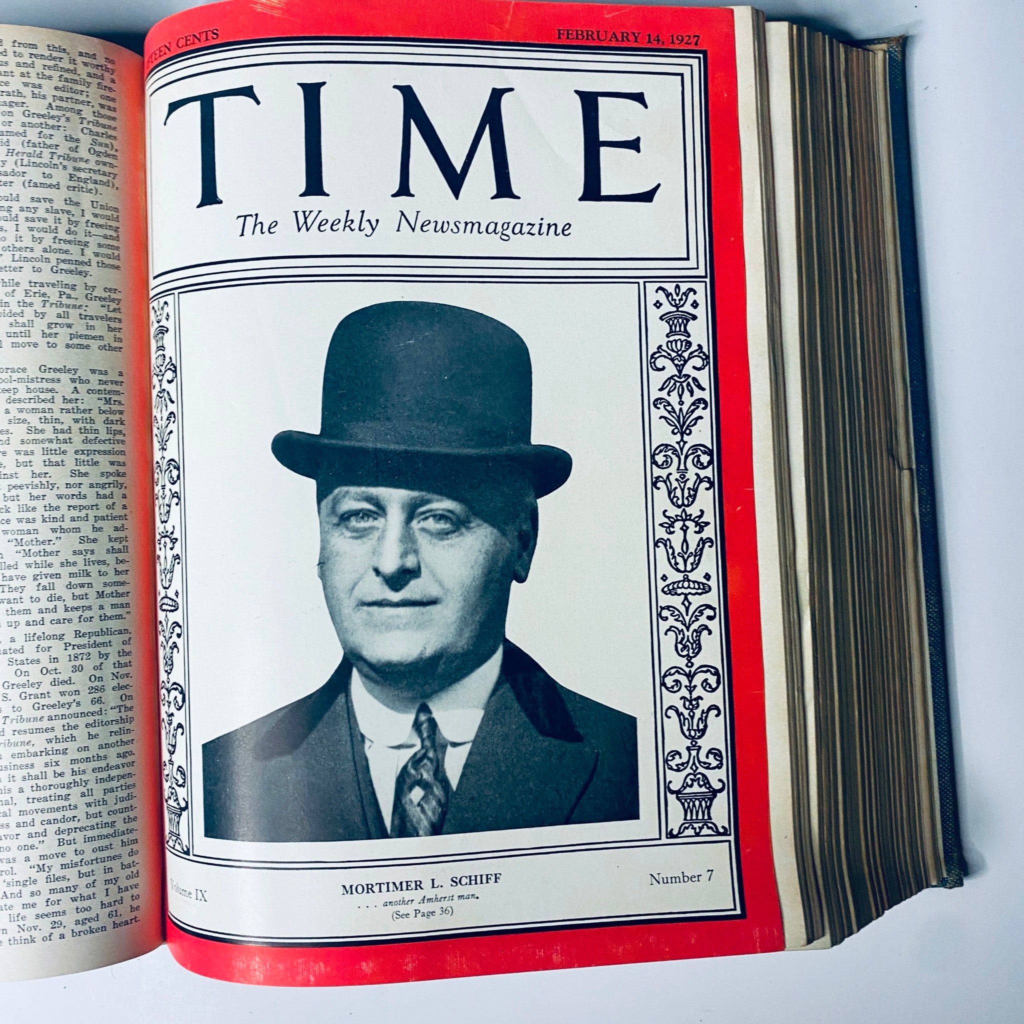 Cover of Time Magazine dated February 14, 1927, illustrating Mortimer L. Schiff, included in the Time Magazine Bound Weekly 1927 January - June TURKEY Mustafa Kemal Pasha.