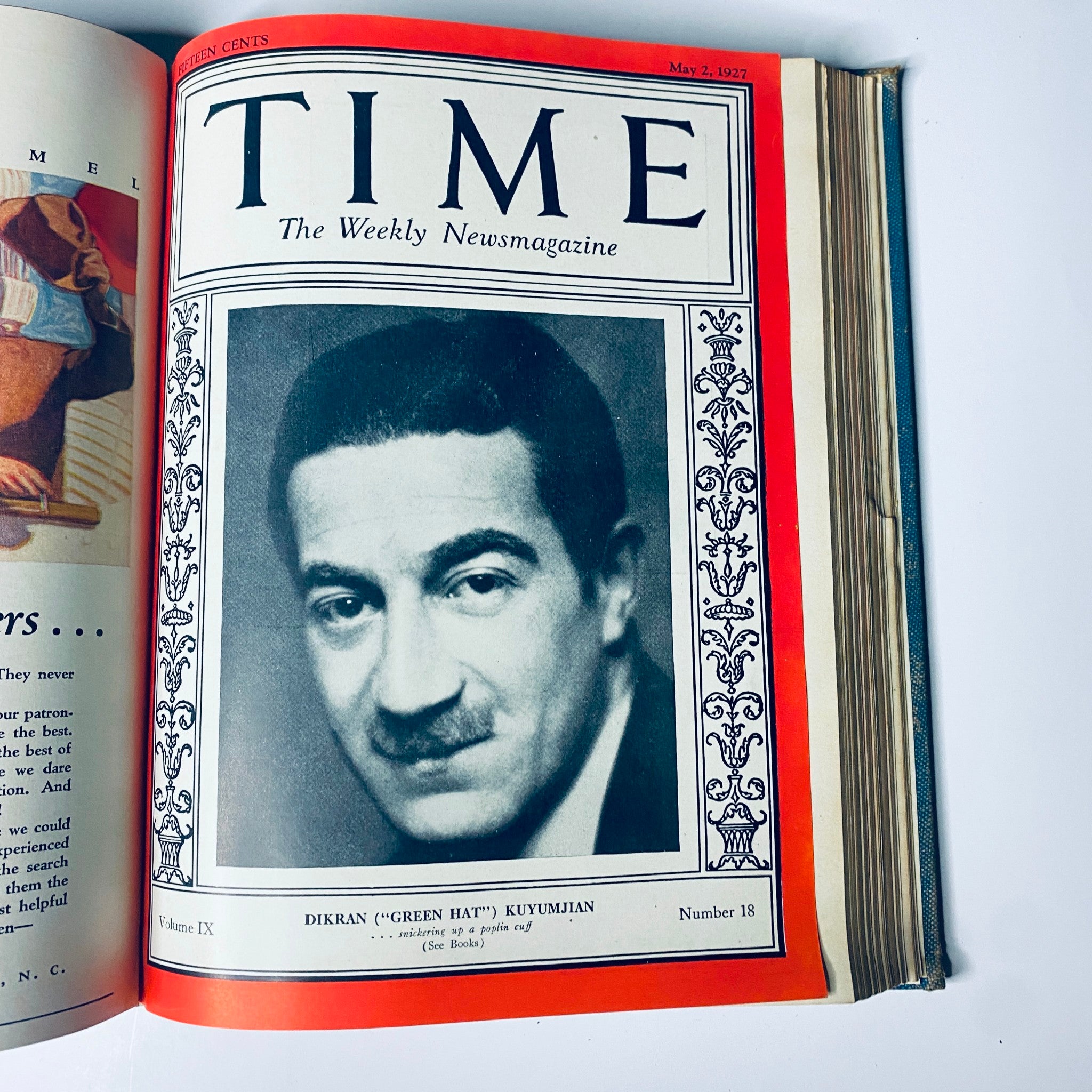 Time Magazine cover from May 2, 1927, featuring Dikran 'Green Hat' Kuyumjian. This edition provides insights into influential personalities and events of the year.