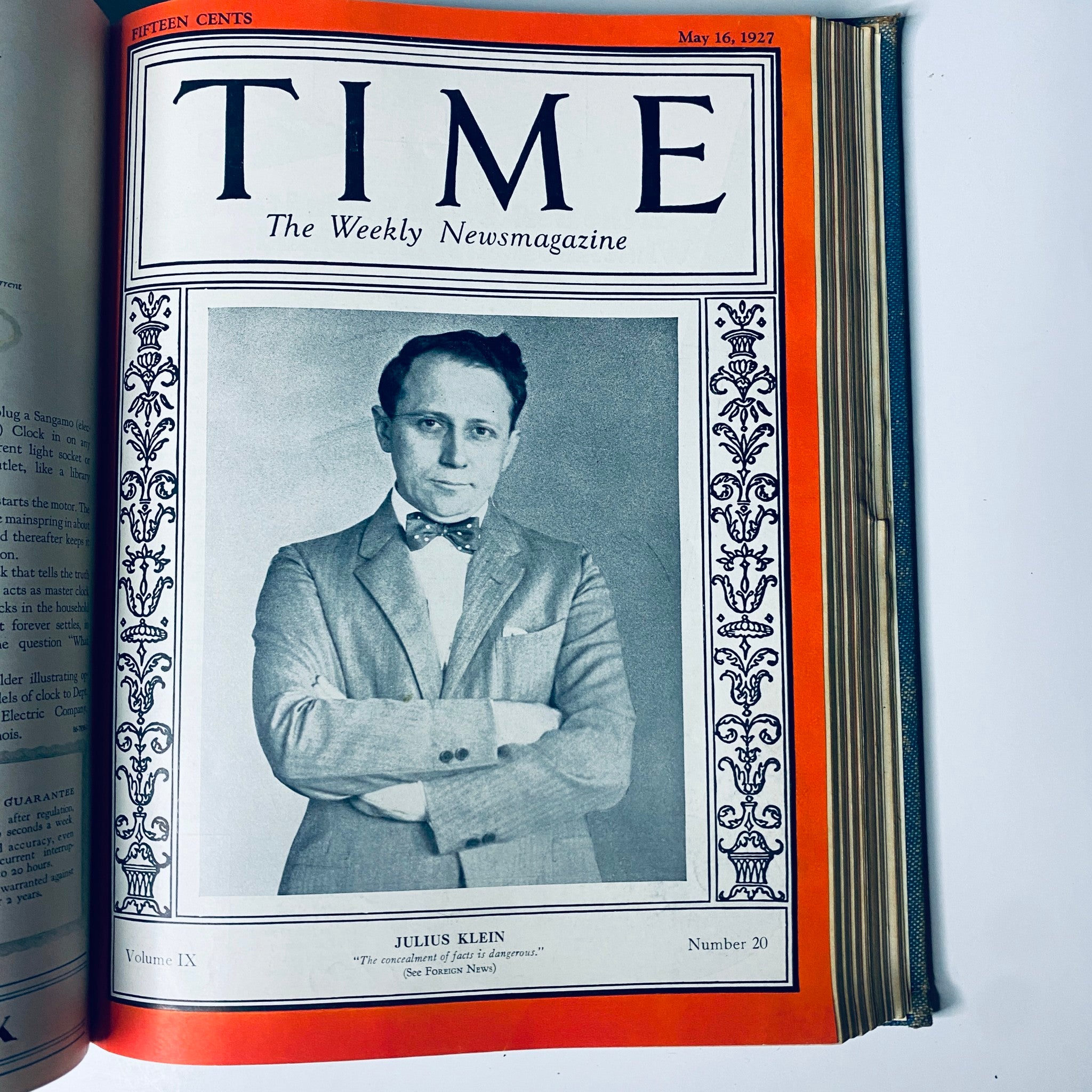 Time Magazine cover from May 16, 1927, featuring Julius Klein. The issue presents key figures contributing to various fields in 1927.